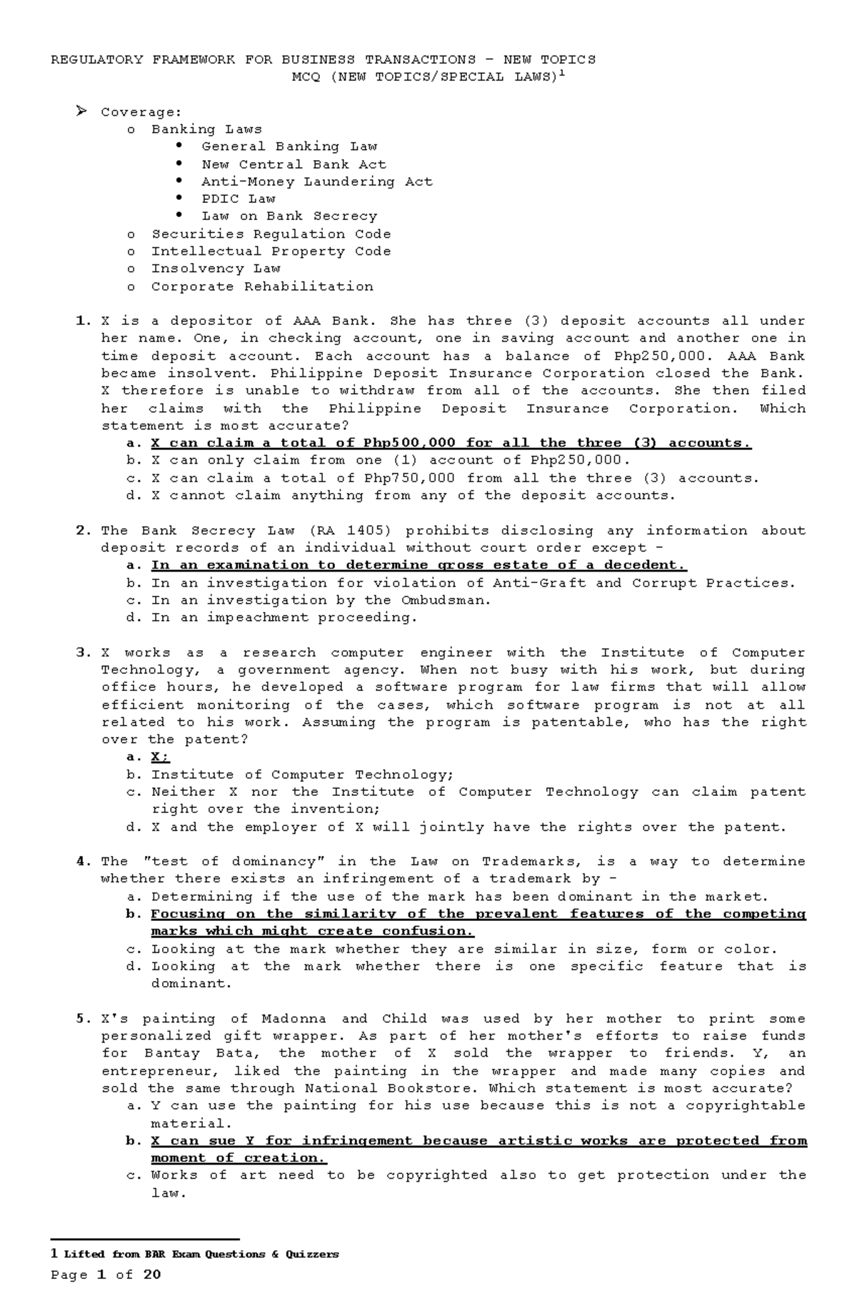 RFBT MCQs new topics MCQ (NEW TOPICS/SPECIAL LAWS) 1 Coverage o