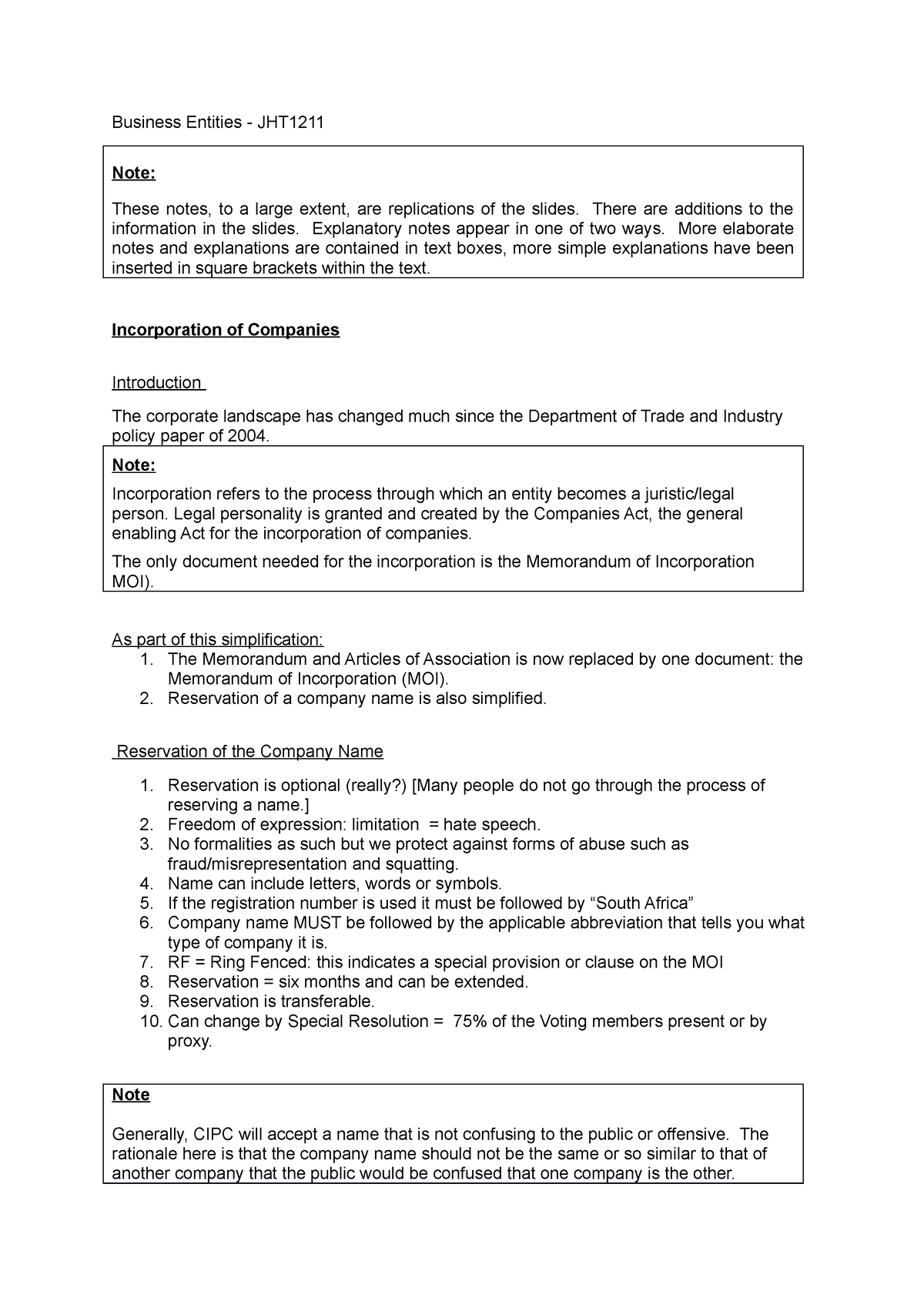 2 Incorporation of a Company - Business Entities - JHT Note: These ...