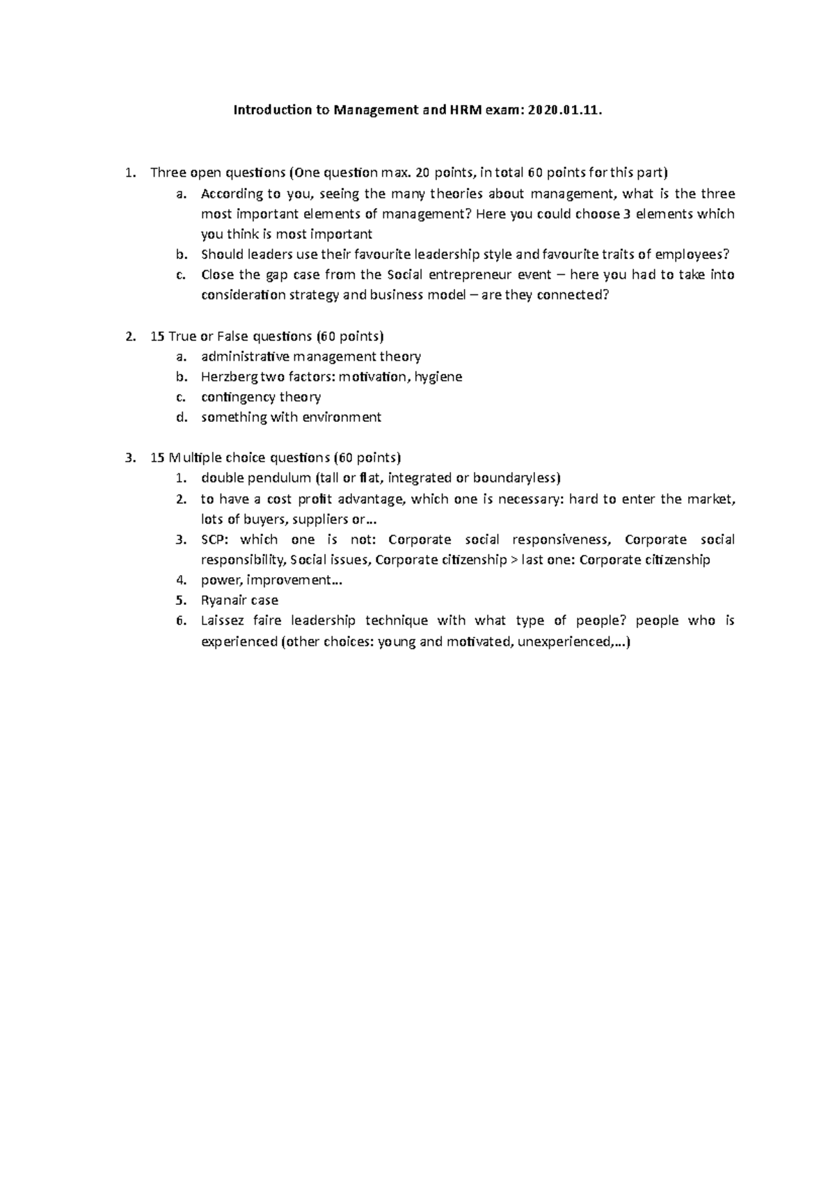 Exam questions HRM and management - Introduction to Management and HRM ...