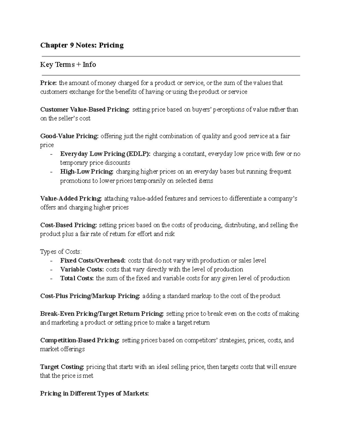 Chapter 9 Notes - Chapter 9 Notes: Pricing Key Terms + Info Price: the ...