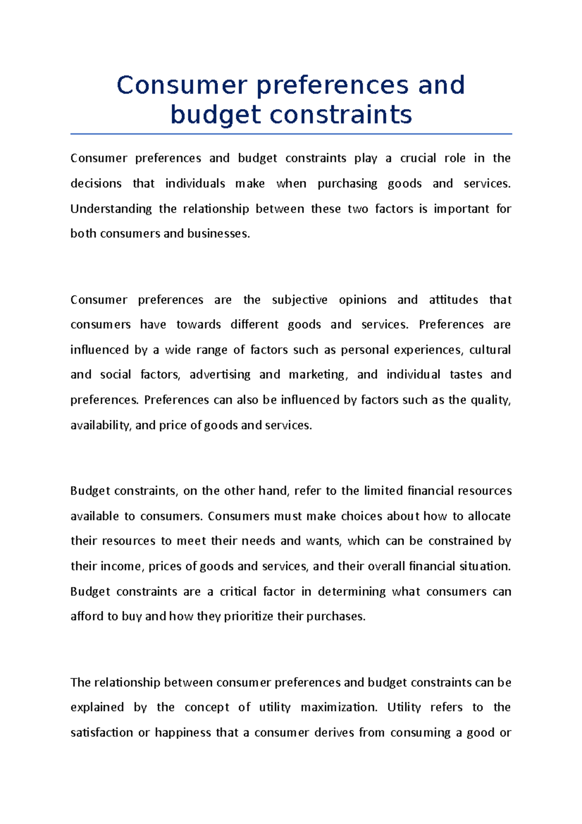 Note On Consumer Preferences And Budget Constraints Consumer