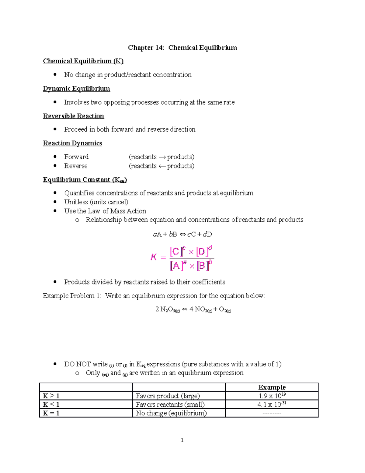 Chapter 14 Notes - Chapter 14: Chemical Equilibrium Chemical ...