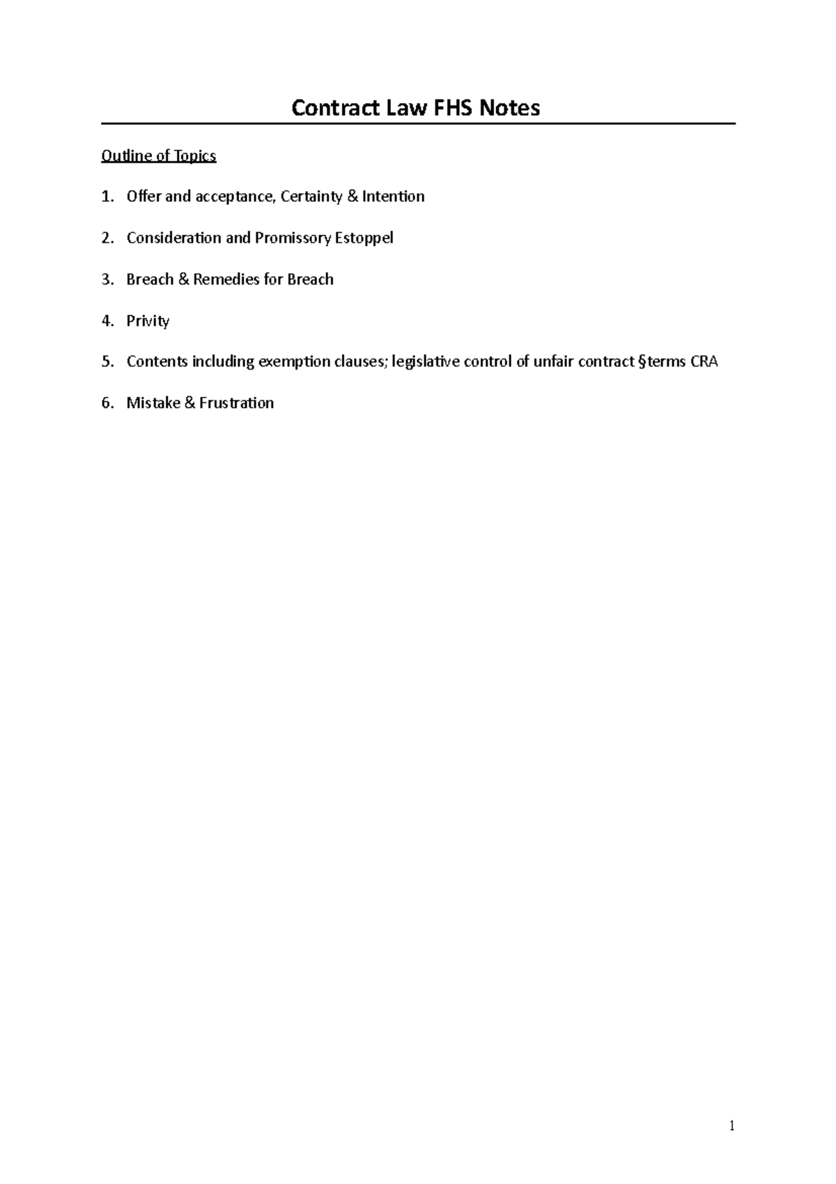 Case List Contract Law Revision Contract Law FHS Notes Outline Of
