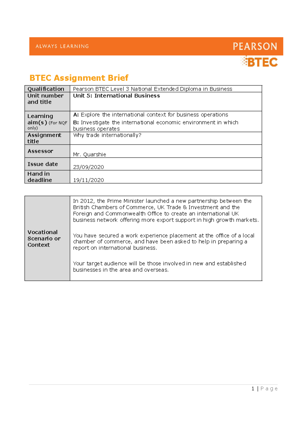 Assignment Brief 1 - vghgcv hyju - BTEC Assignment Brief Qualification ...