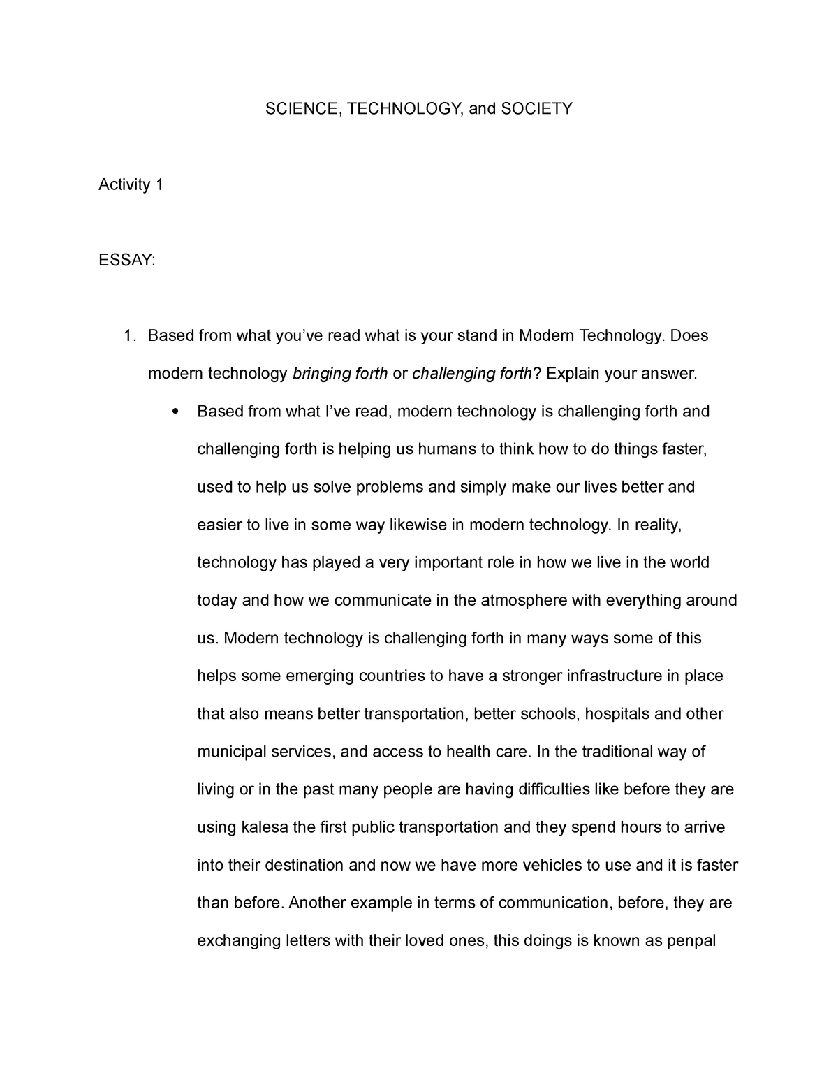 science technology society essay