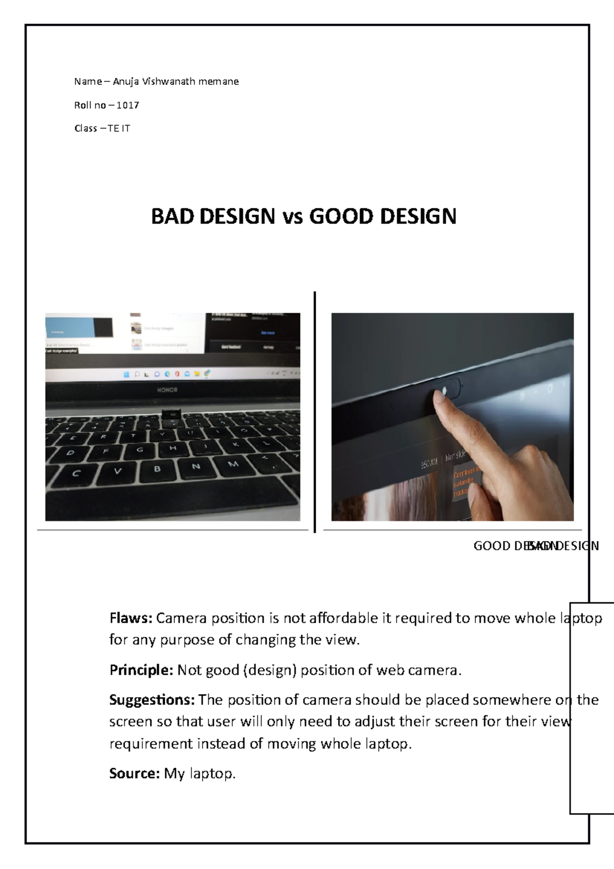 BAD Design Vs GOOD Design - Name – Anuja Vishwanath Memane Roll No ...