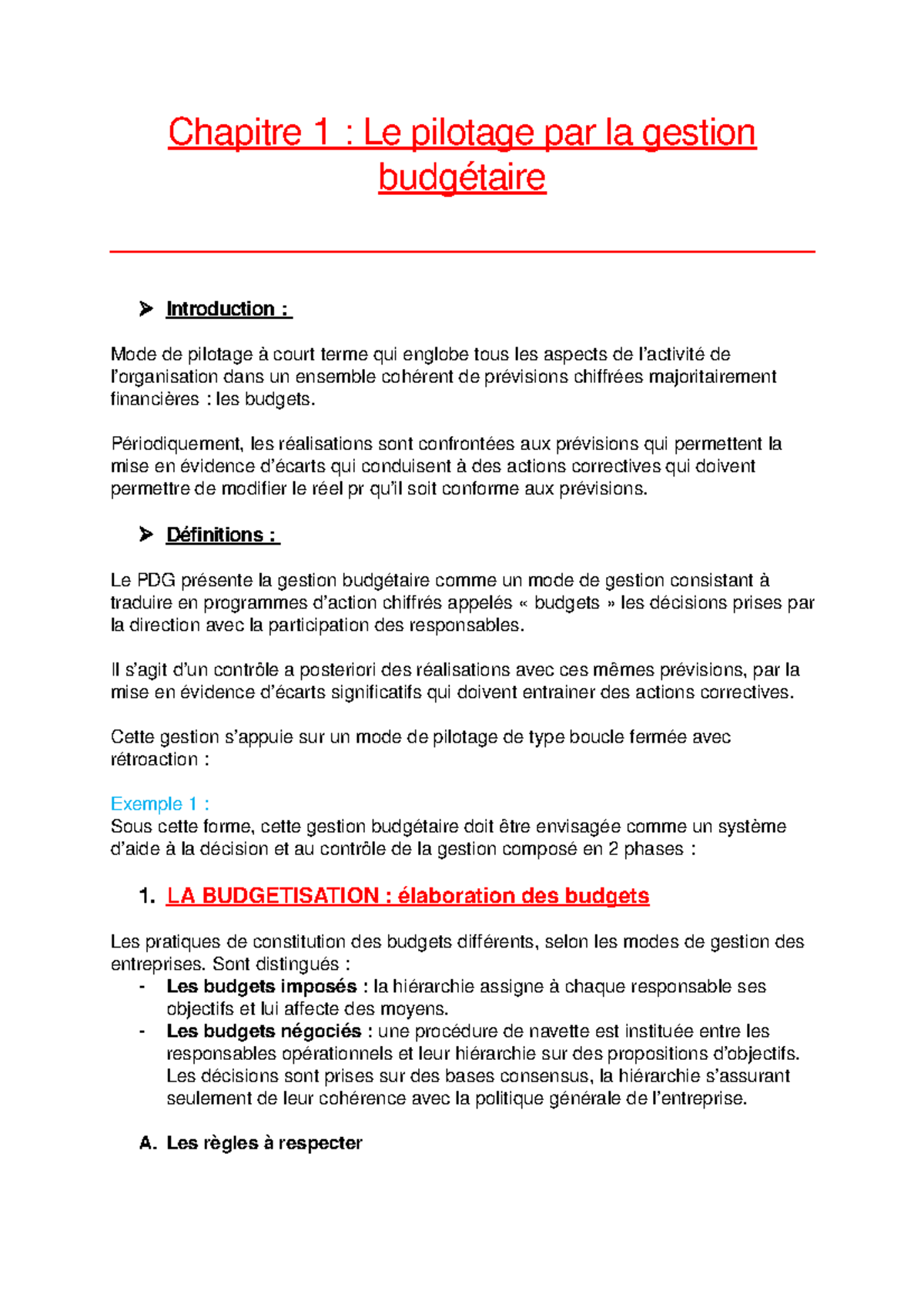 Chapitre 1 : Pilotage Par La Gestion Budgétaire - Chapitre 1 : Le ...