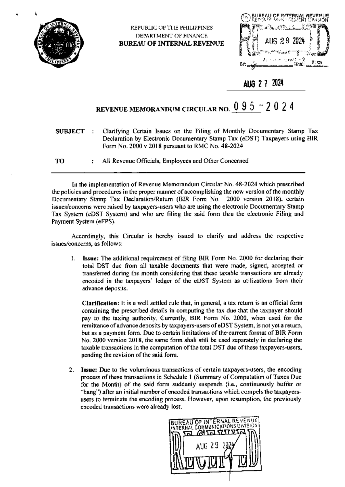 RMC No. 95-2024 - BIR - BUREAU OF INTERNAL REVENUE RECORDS MUNAGEMENT ...