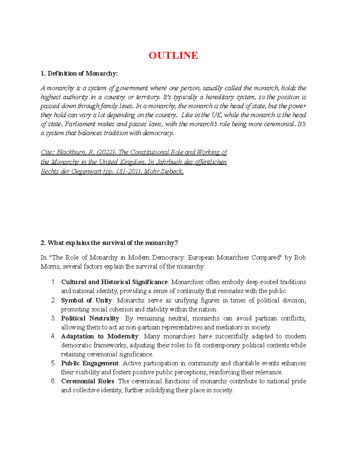 Outline Nhóm 1 - Monarchy - OUTLINE Definition of Monarchy: A monarchy ...