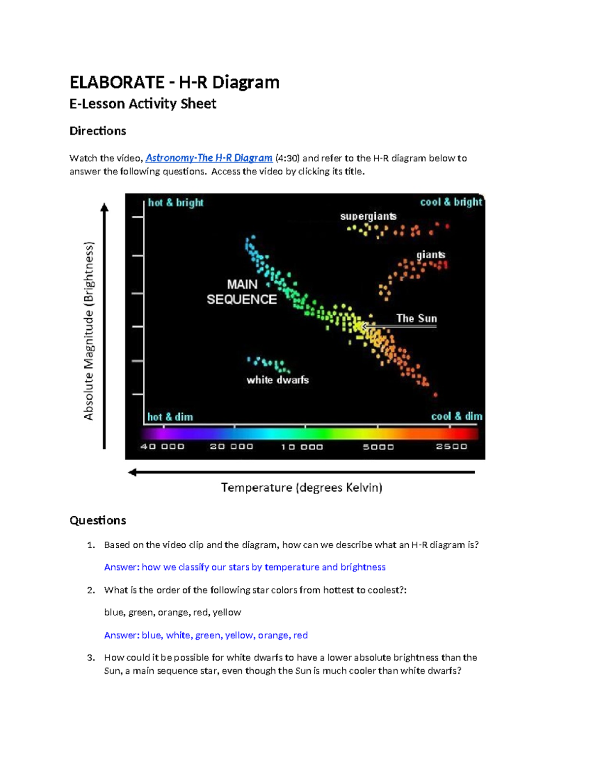 H R Diagram Assessment Answer Key