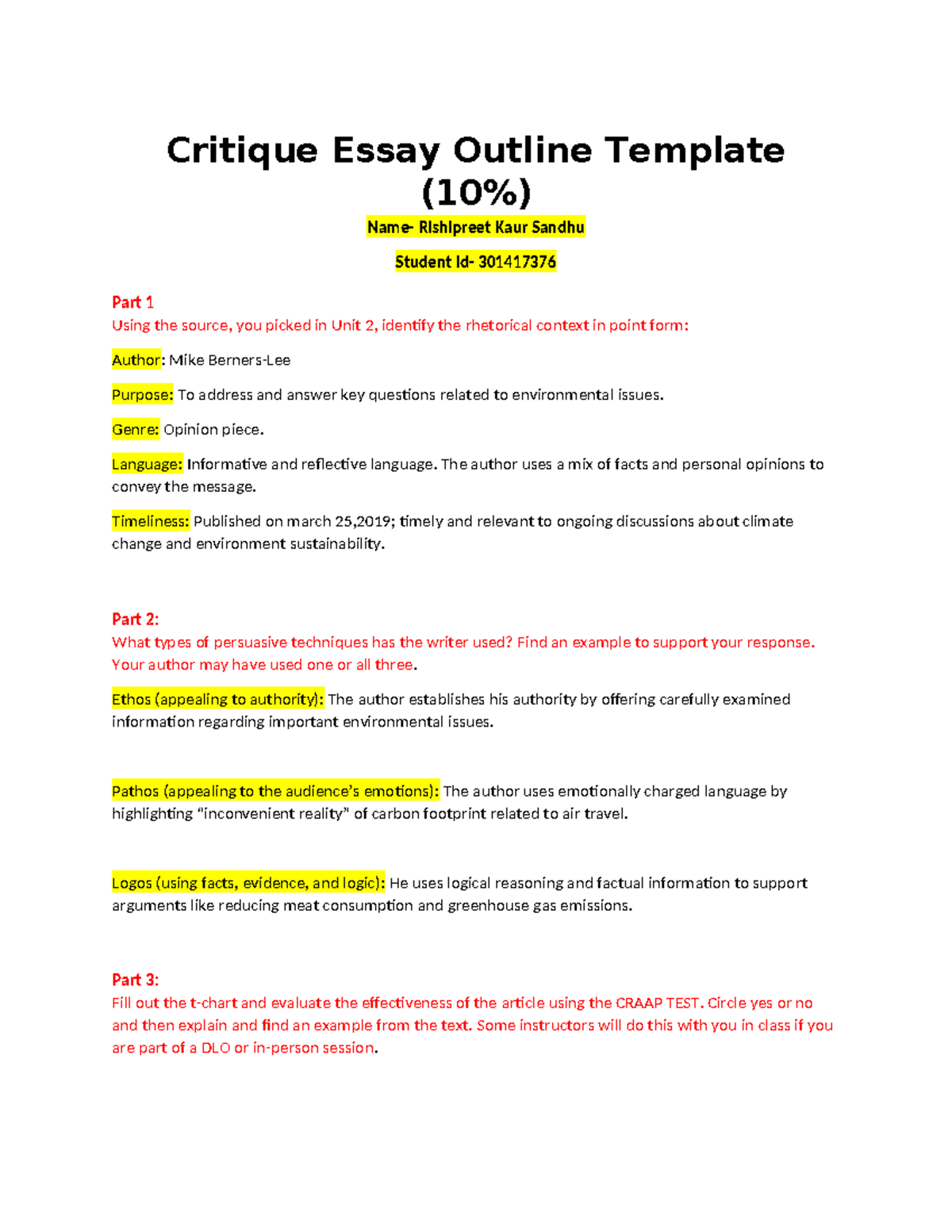 comparative critique essay outline