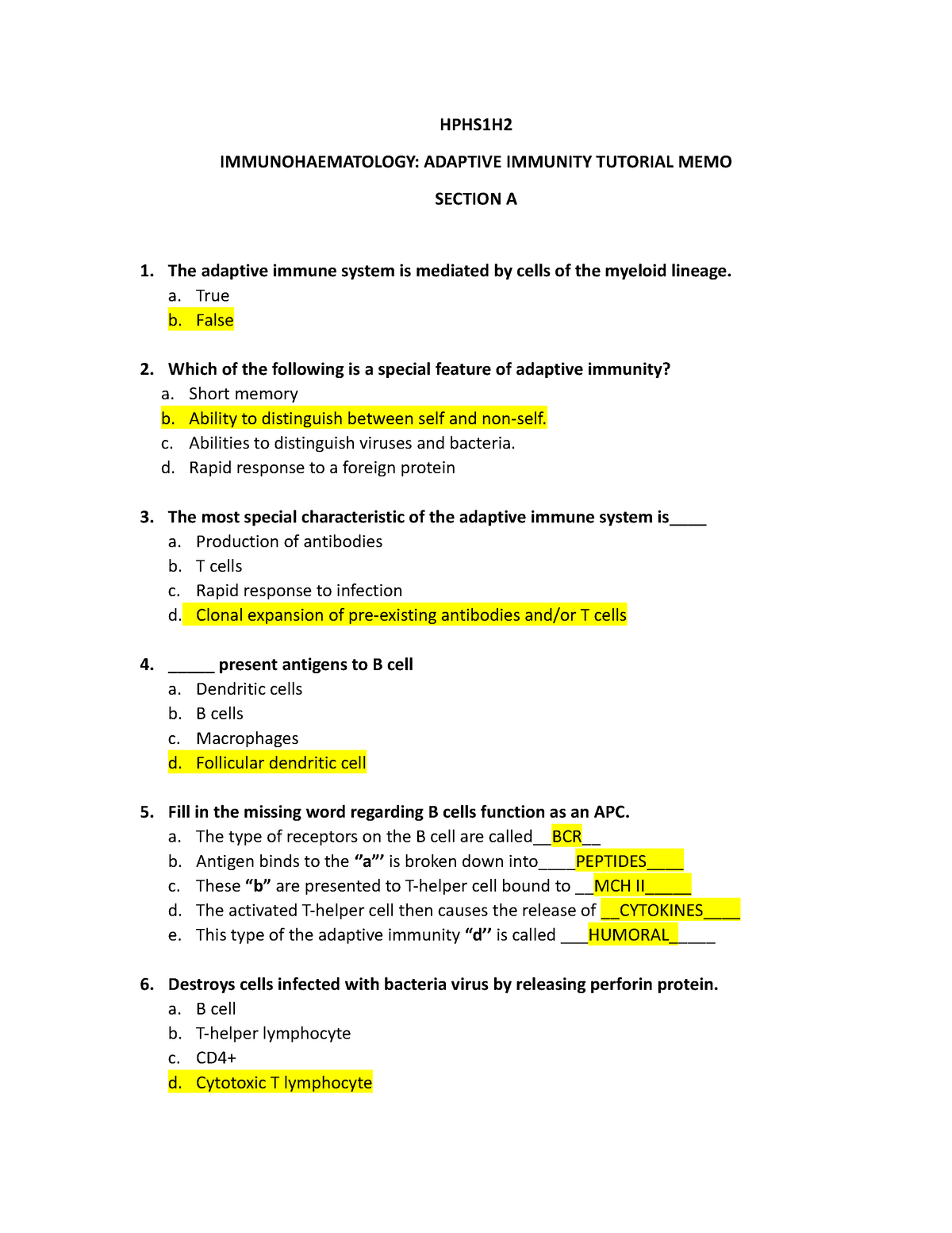 HPHS1H2 Adaptive Immunity Tutorial MEMO - HPHS1H IMMUNOHAEMATOLOGY ...