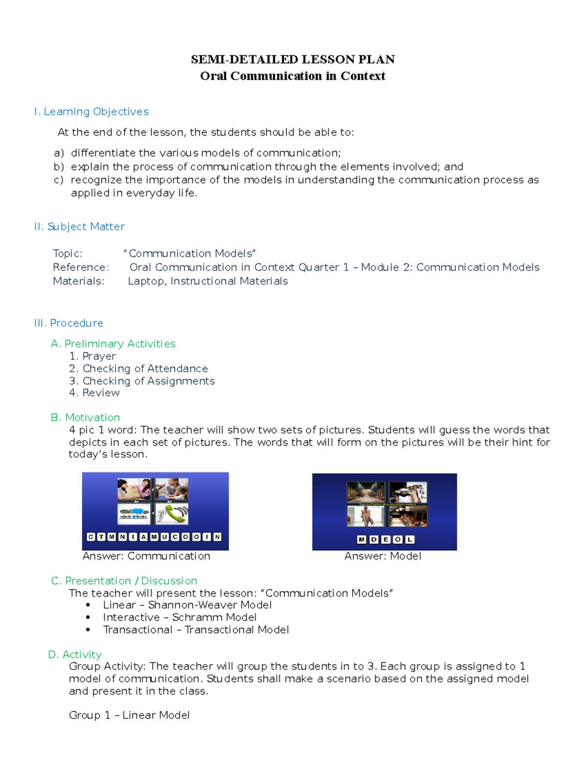 Lesson Plan SHS - SEMI-DETAILED LESSON PLAN Oral Communication In ...