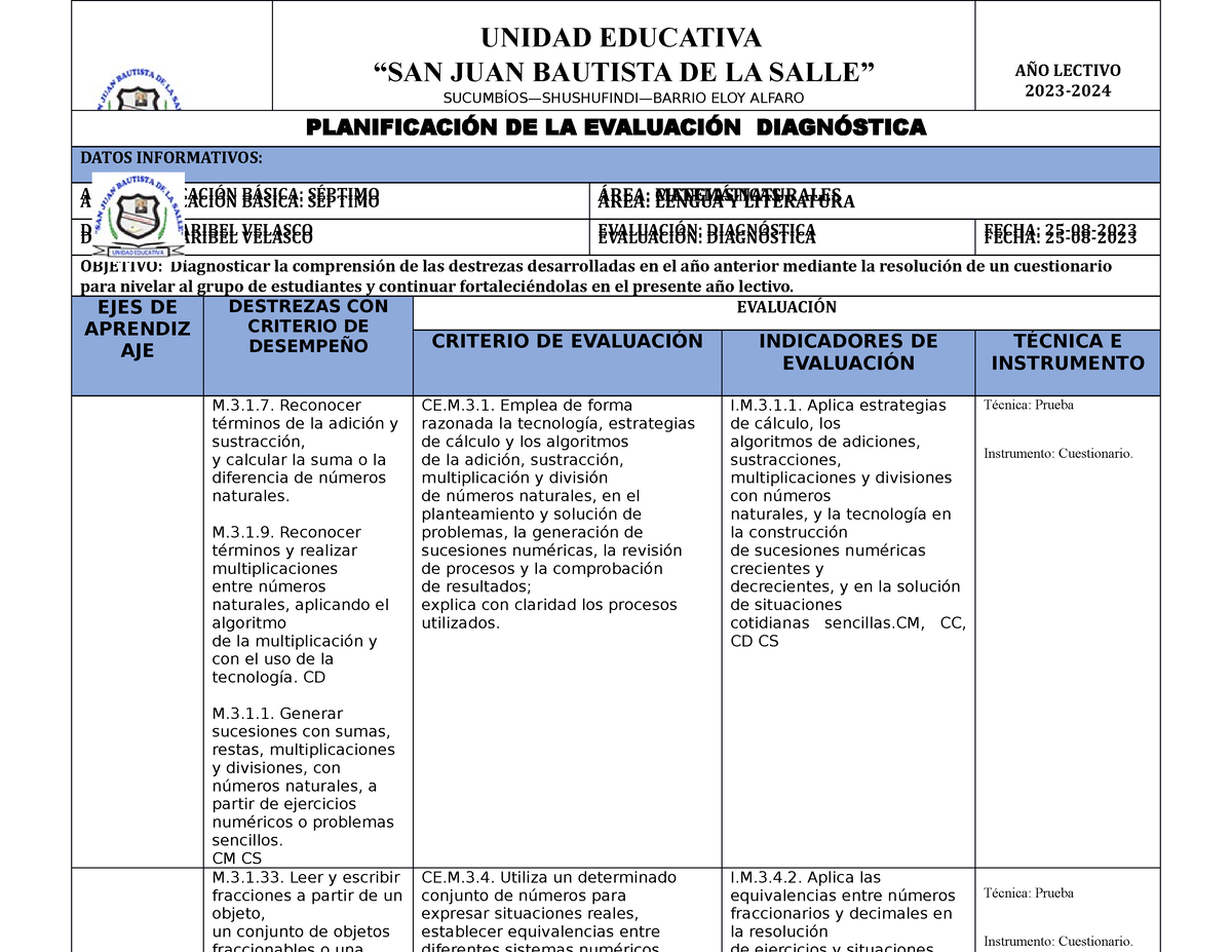 Planificacion Diagnostica. 7MO- Maribel Velasco - UNIDAD EDUCATIVA “SAN ...