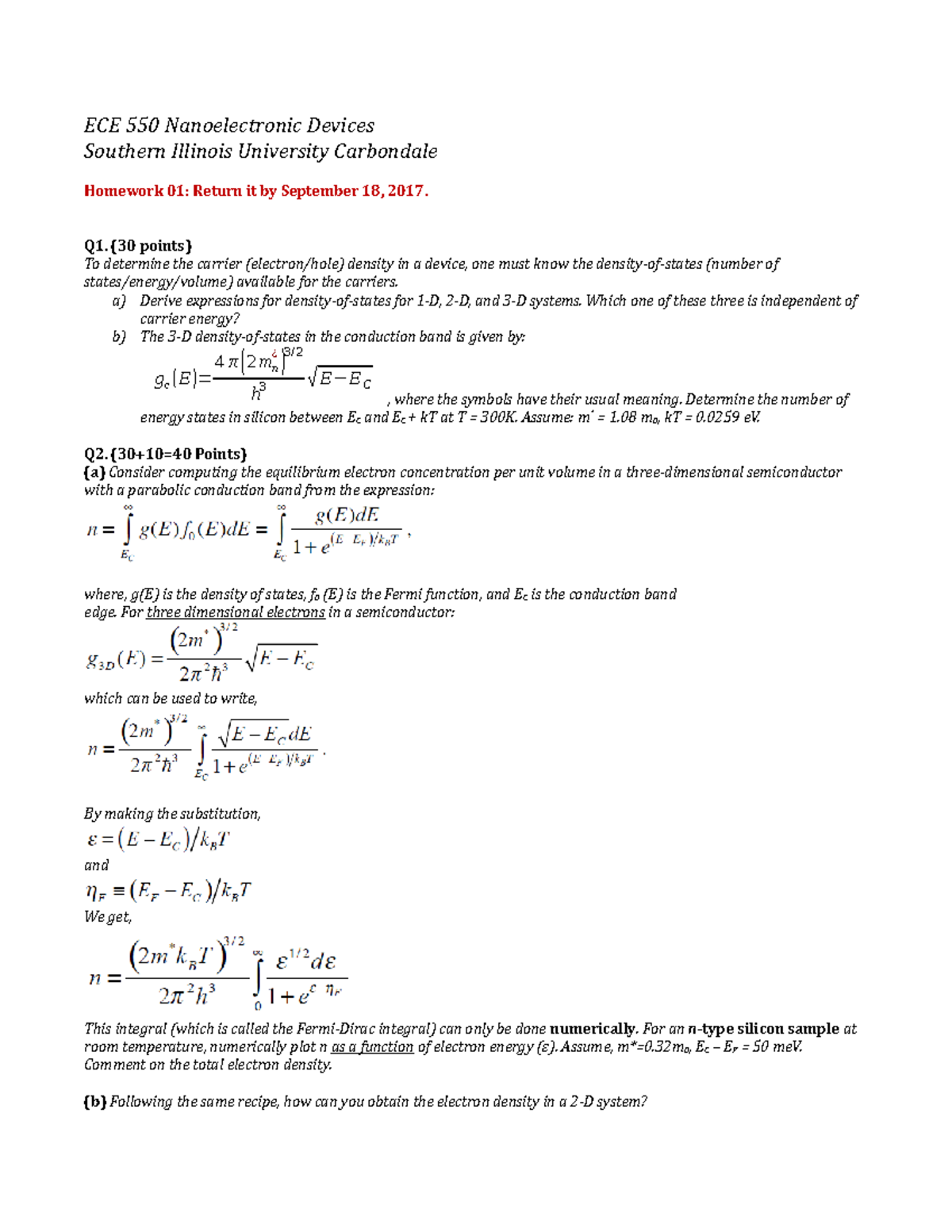 ECE550-HW1 - ECE 550 Nanoelectronic Devices Southern Illinois ...