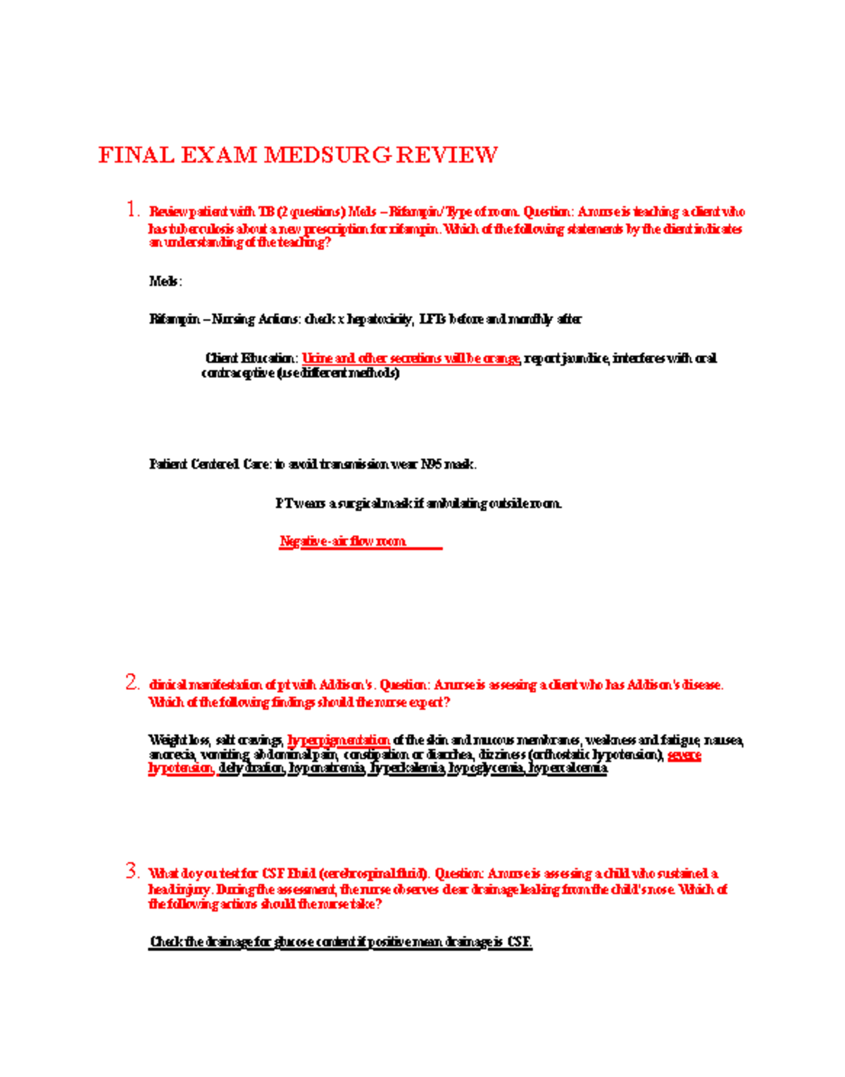 Final exam med surg - the whole course - FINAL EXAM MEDSURG REVIEW 1 ...