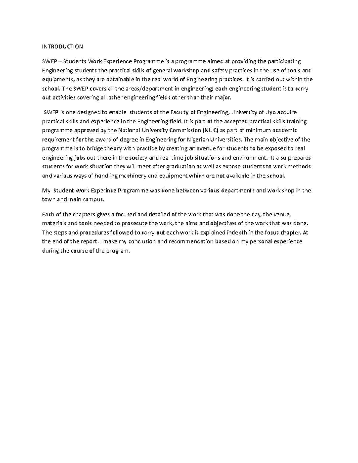 Introduction - INTRODUCTION SWEP – Students Work Experience Programme ...