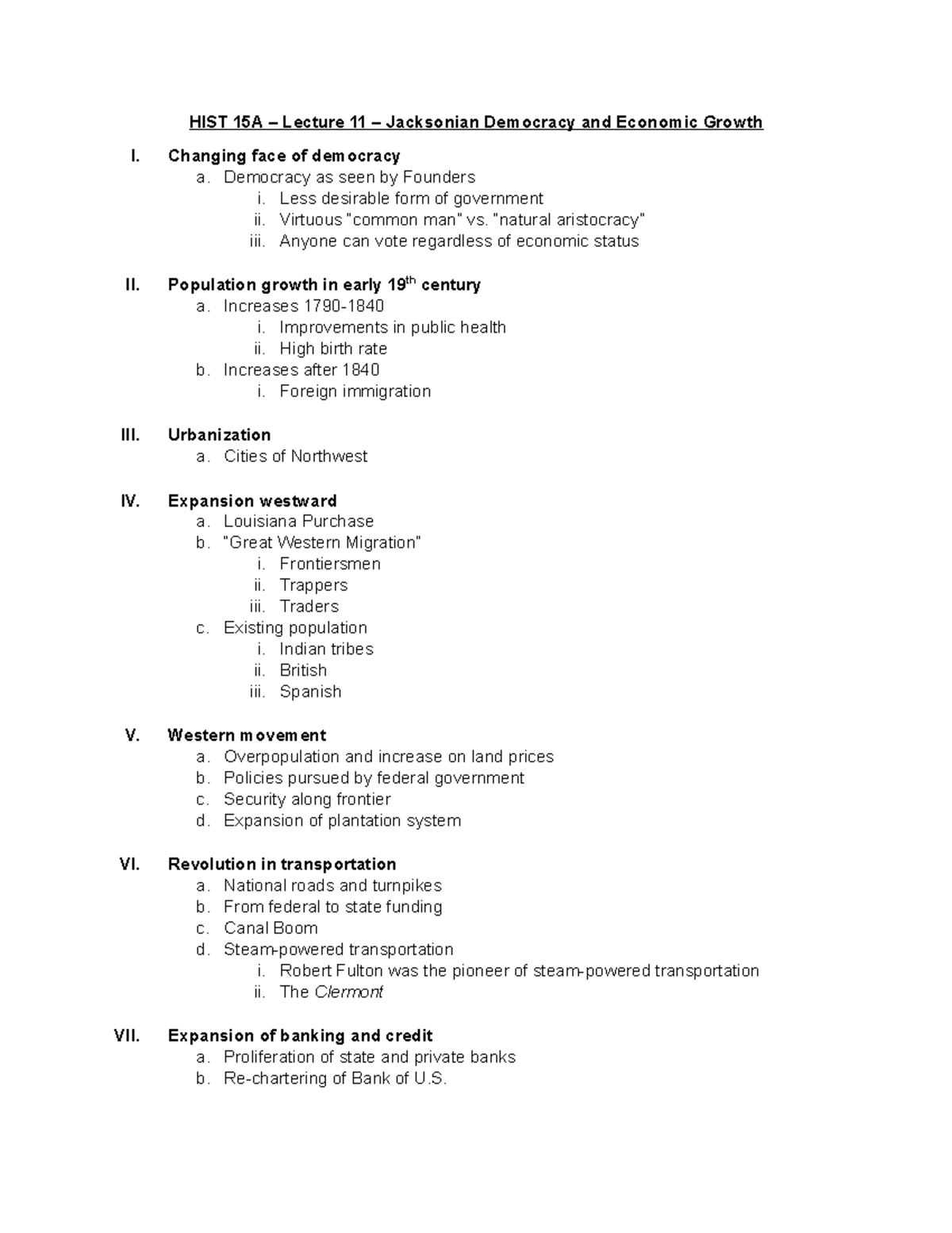 HIST 15A Lecture 11 Jacksonian Democracy and Economic Growth