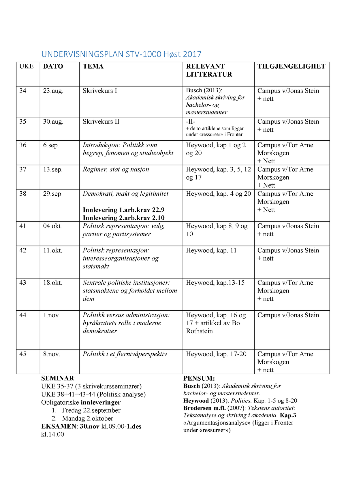 Undervisningsplan STV-1000 Høst 2017 - UNDERVISNINGSPLAN STV-1000 Høst ...