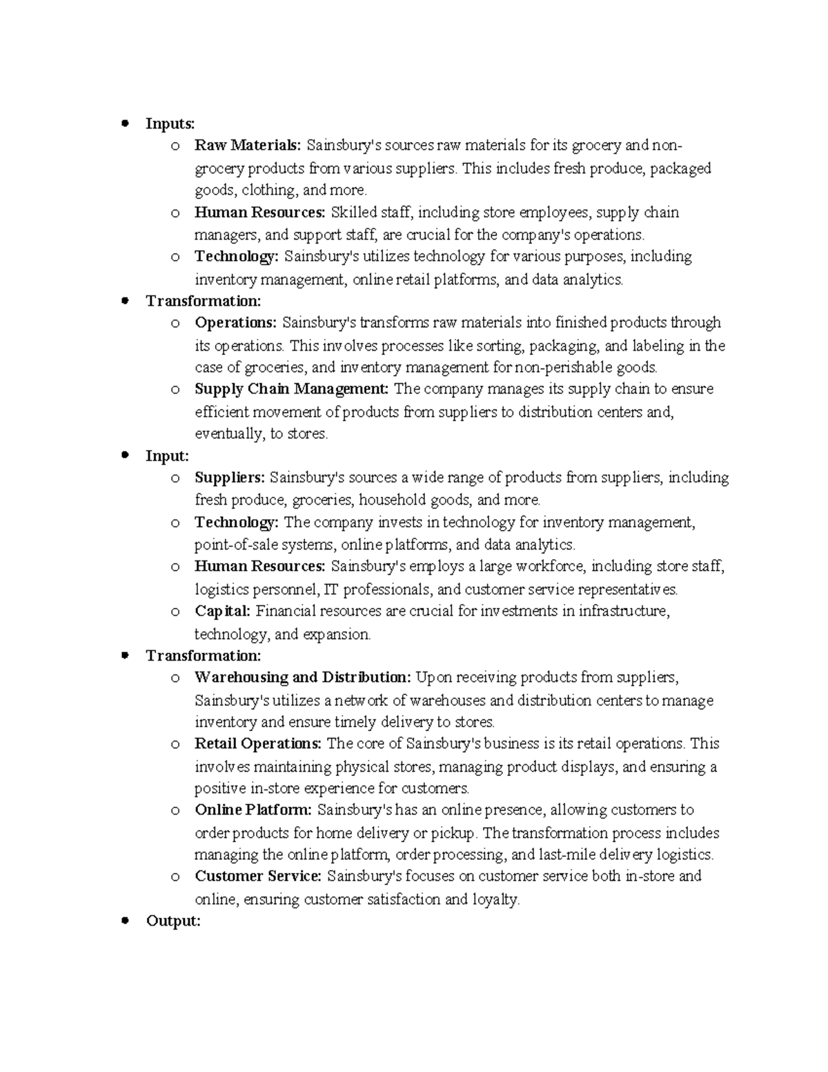 Inputs - Inputs: o Raw Materials: Sainsbury's sources raw materials for ...