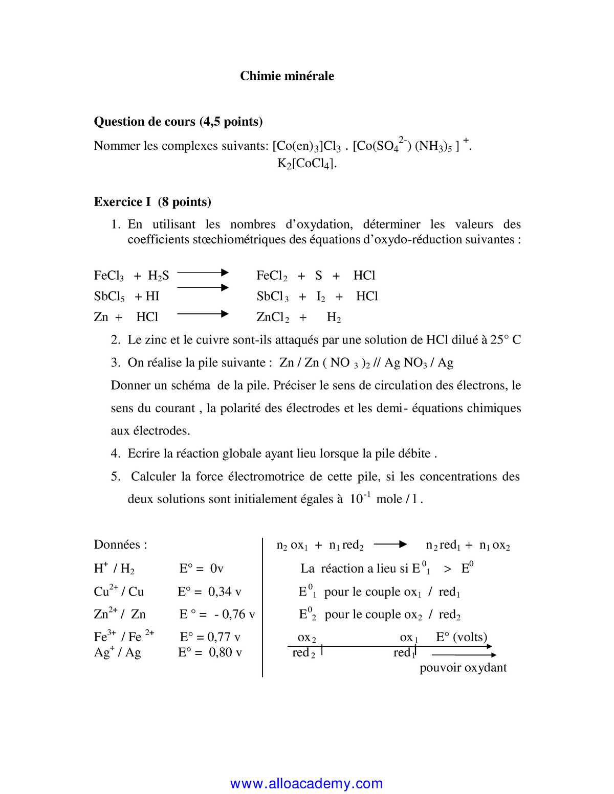 Examen 01 Chimie Minérale - Chimie Minérale Question De Cours (4,5 ...