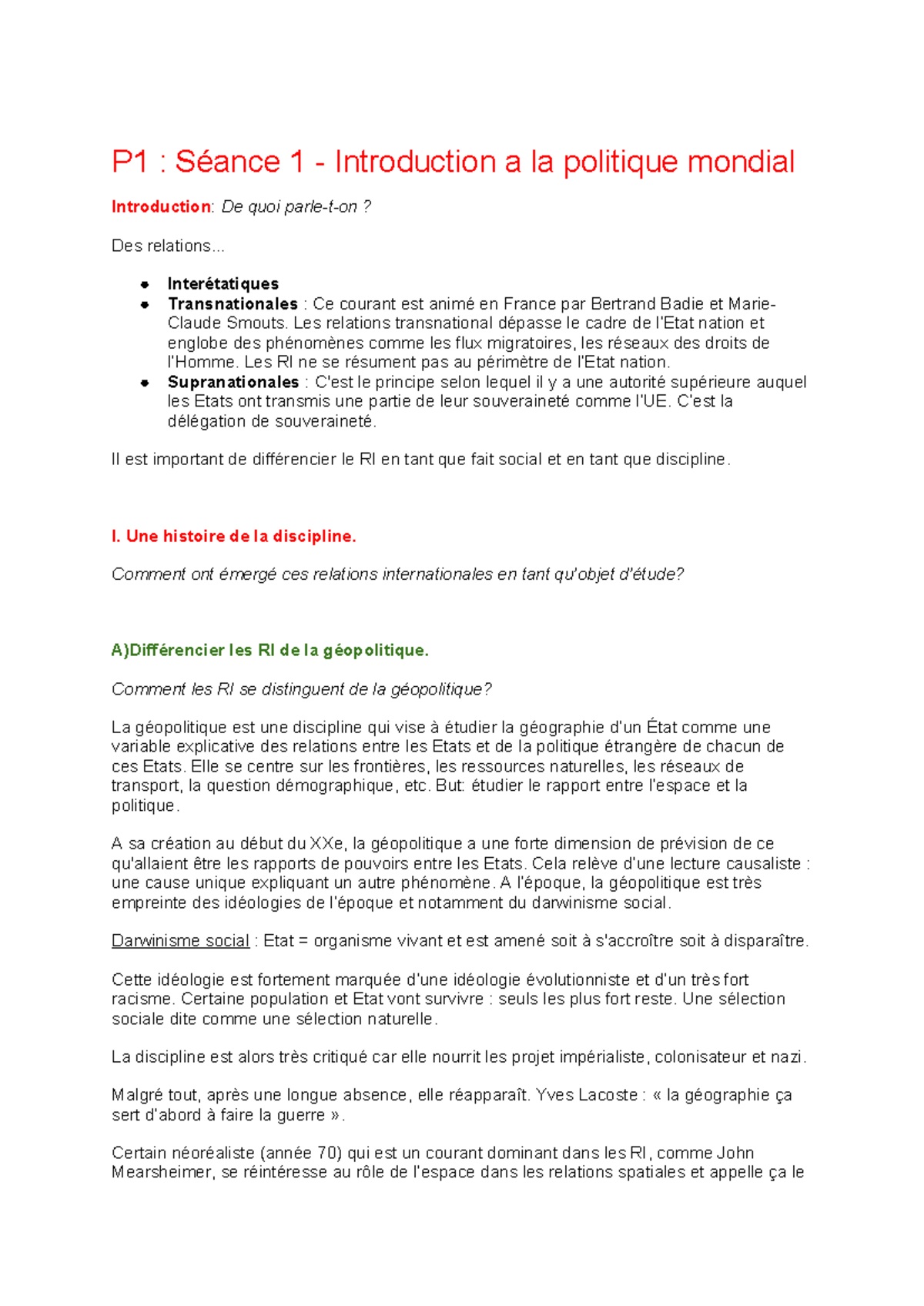 IPM - cours ipm - P1 : Séance 1 - Introduction a la politique mondial ...