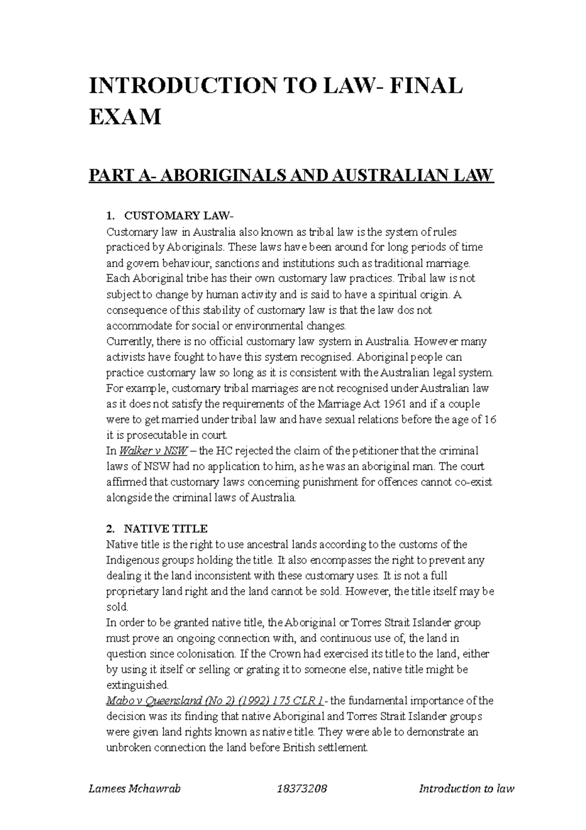 Introduction TO LAW Summaries of final exam topics INTRODUCTION TO