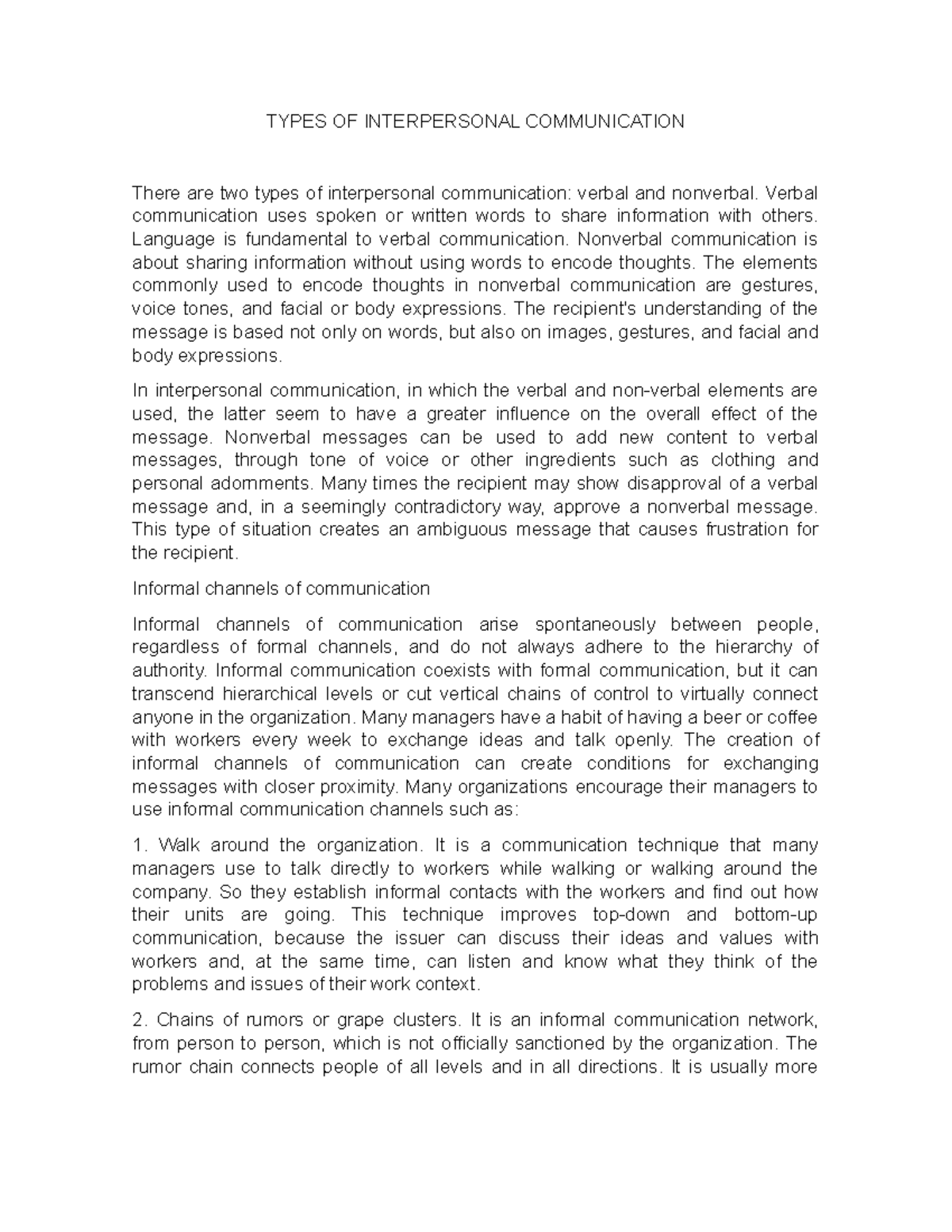 TYPES OF INTERPERSONAL COMMUNICATION - Verbal communication uses spoken ...