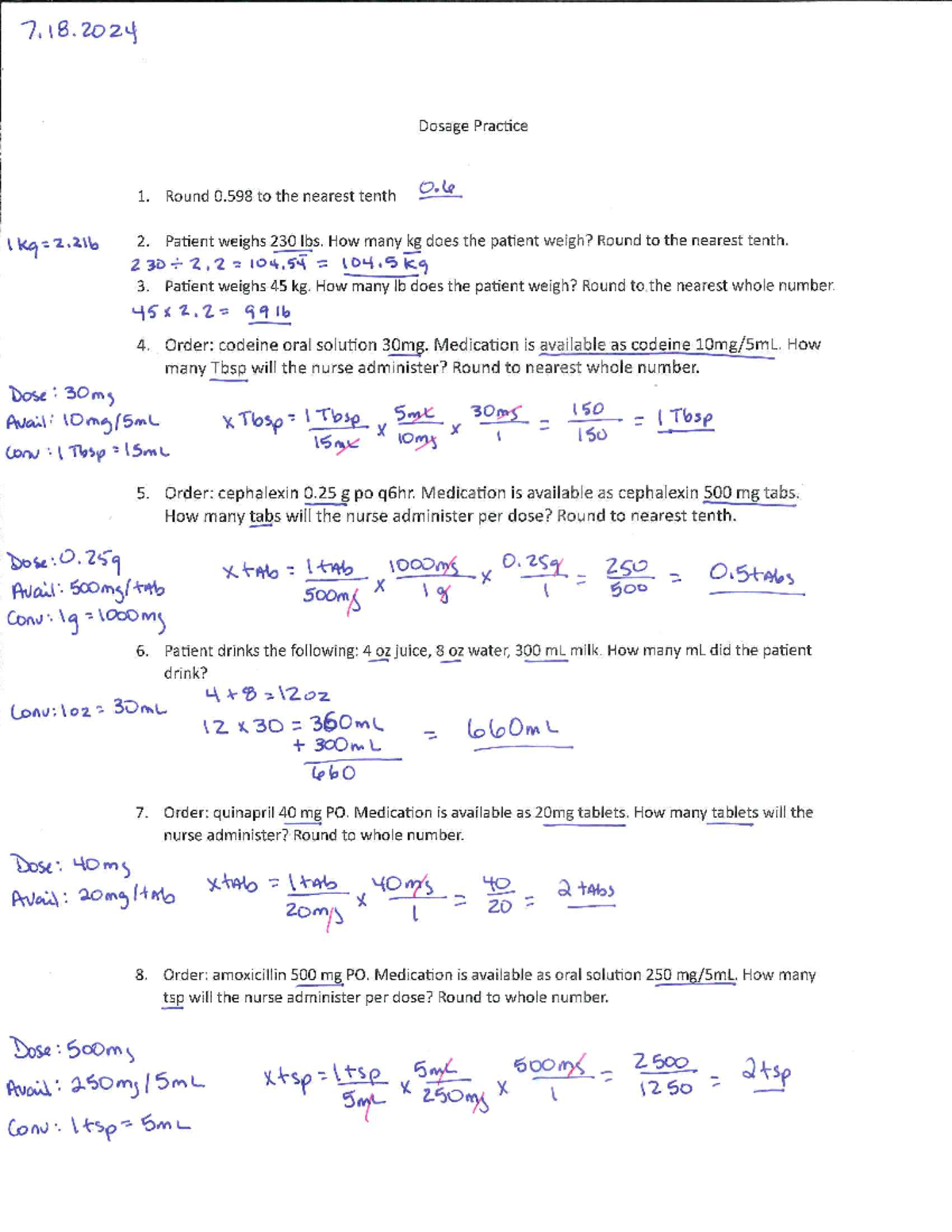 Dosage Problems worked - 7.18 Dosage Practice 1. Round 0 to the nearest ...