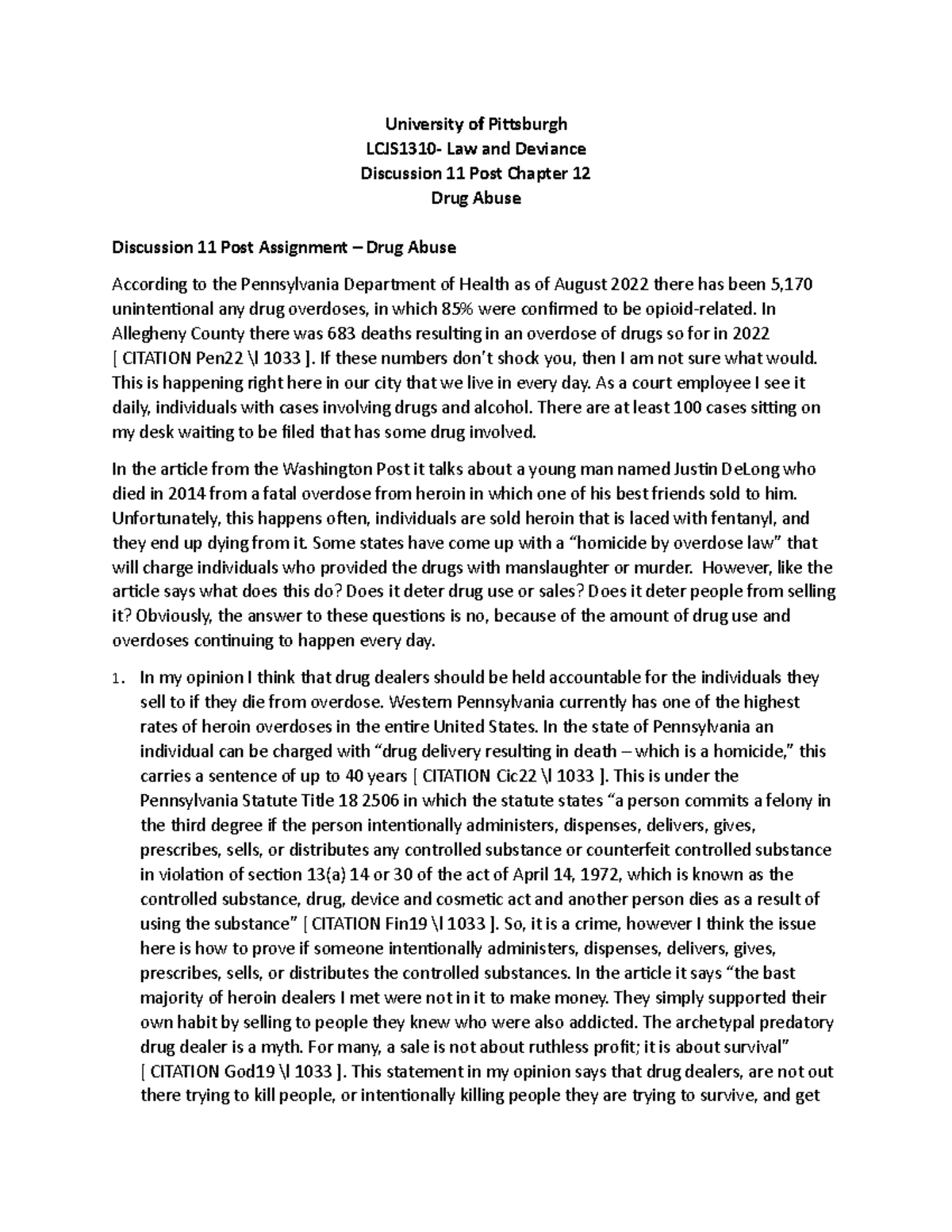 Module 12 Discussion Board Assignment University of Pittsburgh