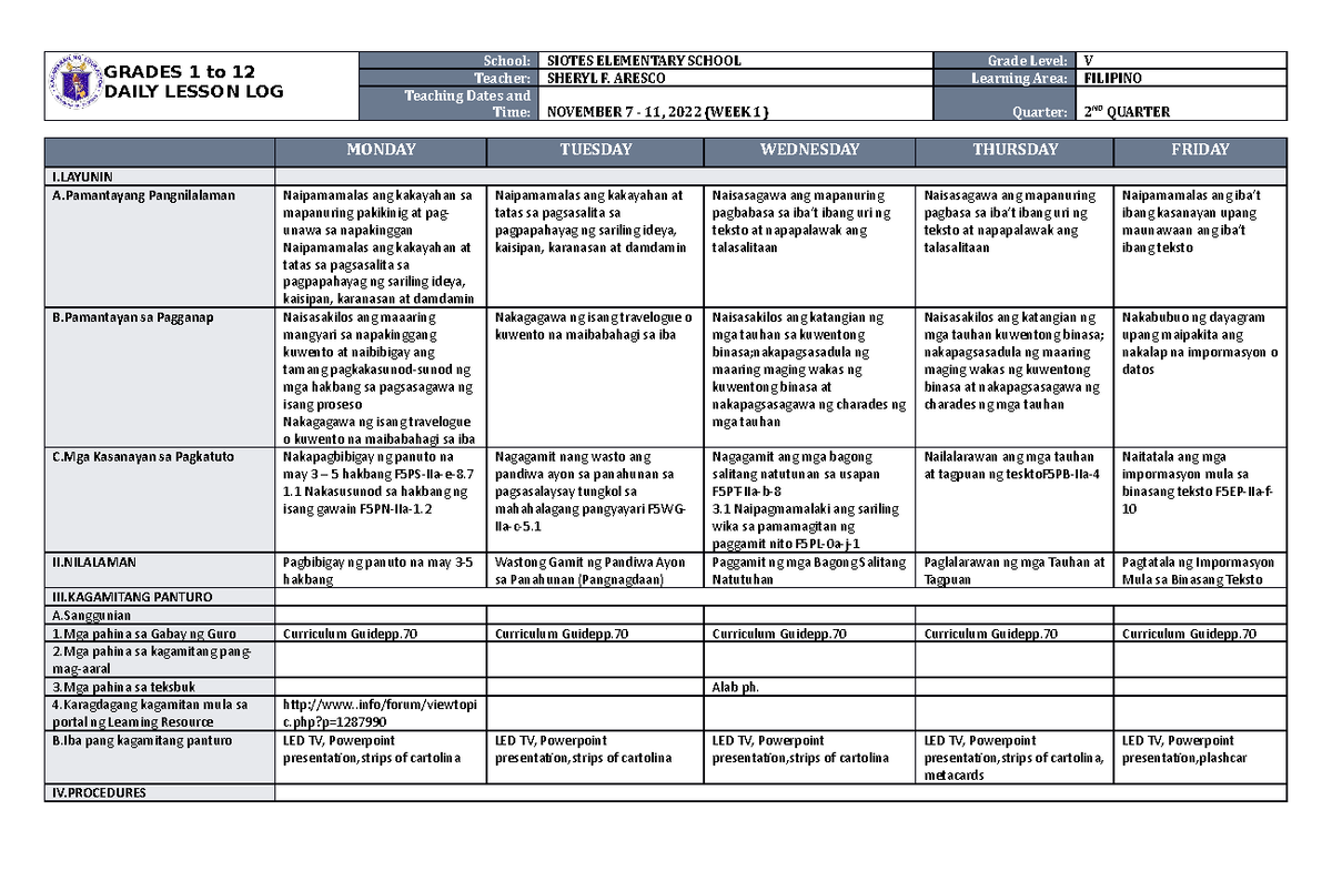 DLL Filipino 5 Q2 W1 - werghjkl;'/.,mnbv - GRADES 1 to 12 DAILY LESSON ...