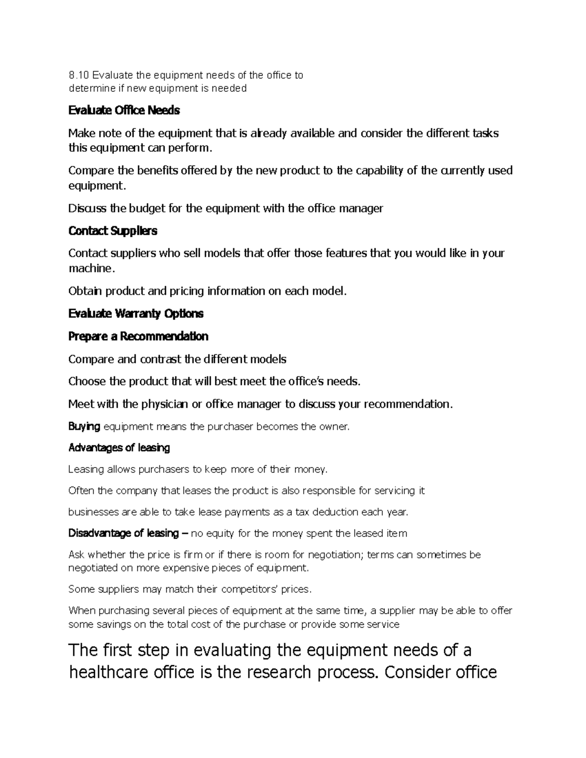 An Office Equipment Company Is Evaluating Summary notes on 8.10 Evaluate the equipment needs of the office to
