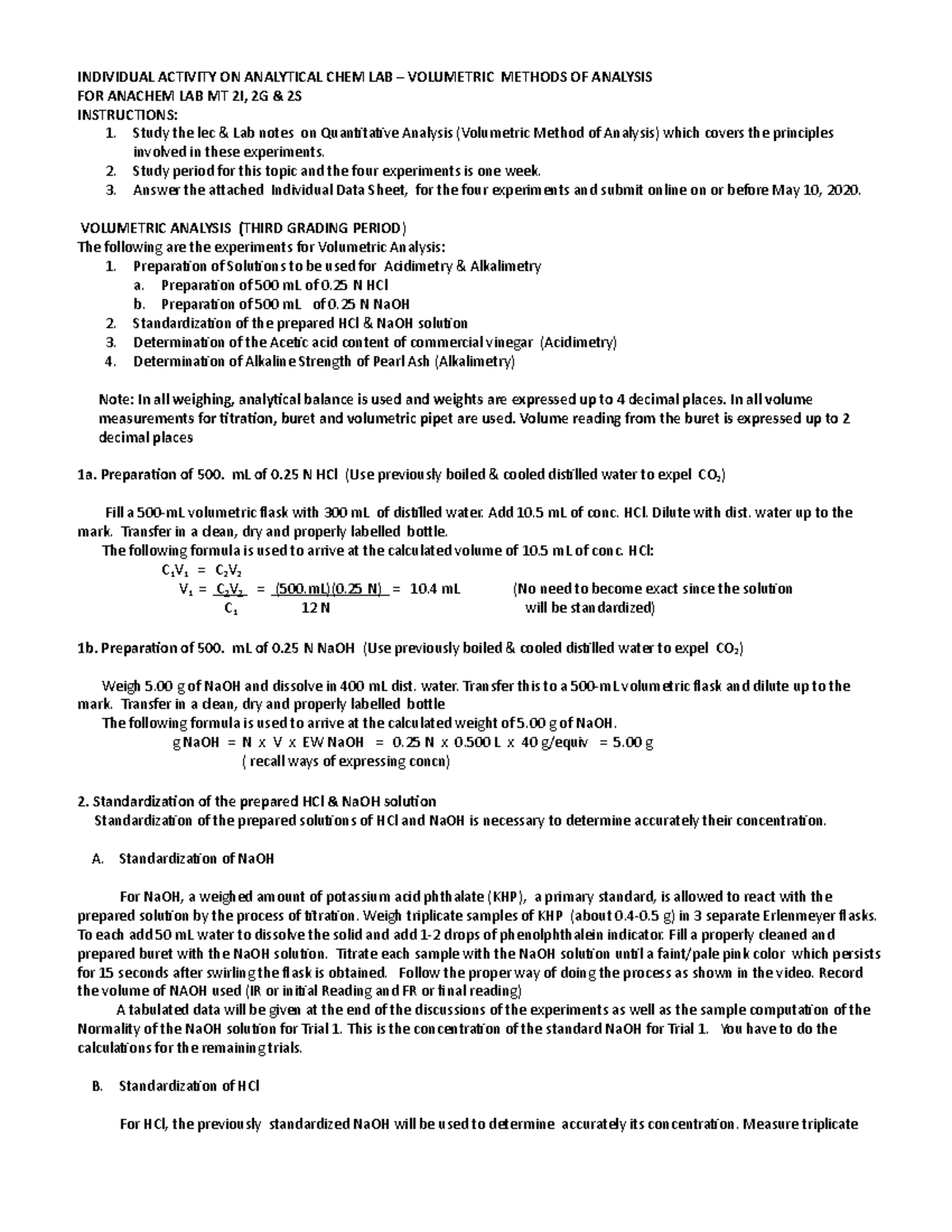 ACT ON Anachem LAB VOL Methods Expts - INDIVIDUAL ACTIVITY ON ...