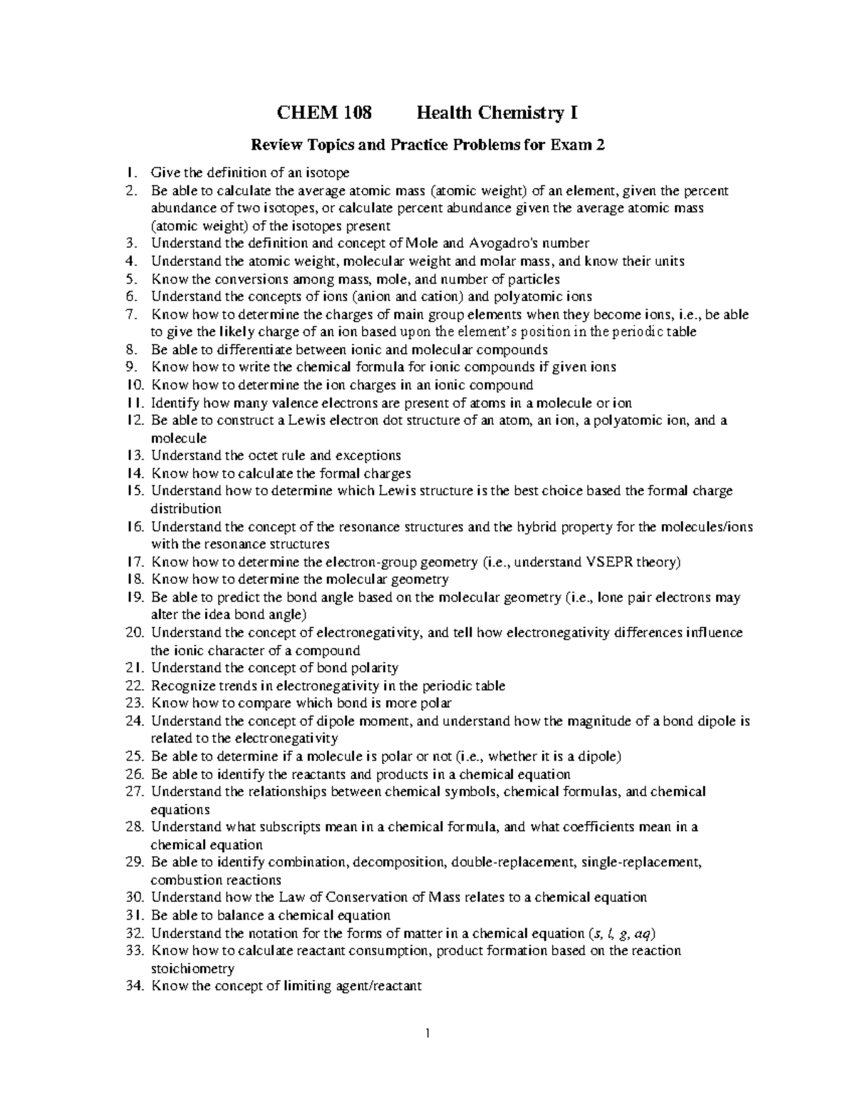 CHEM108 Review Topics Practice Problems Exam2 Fall2024 - 1 CHEM 108 ...