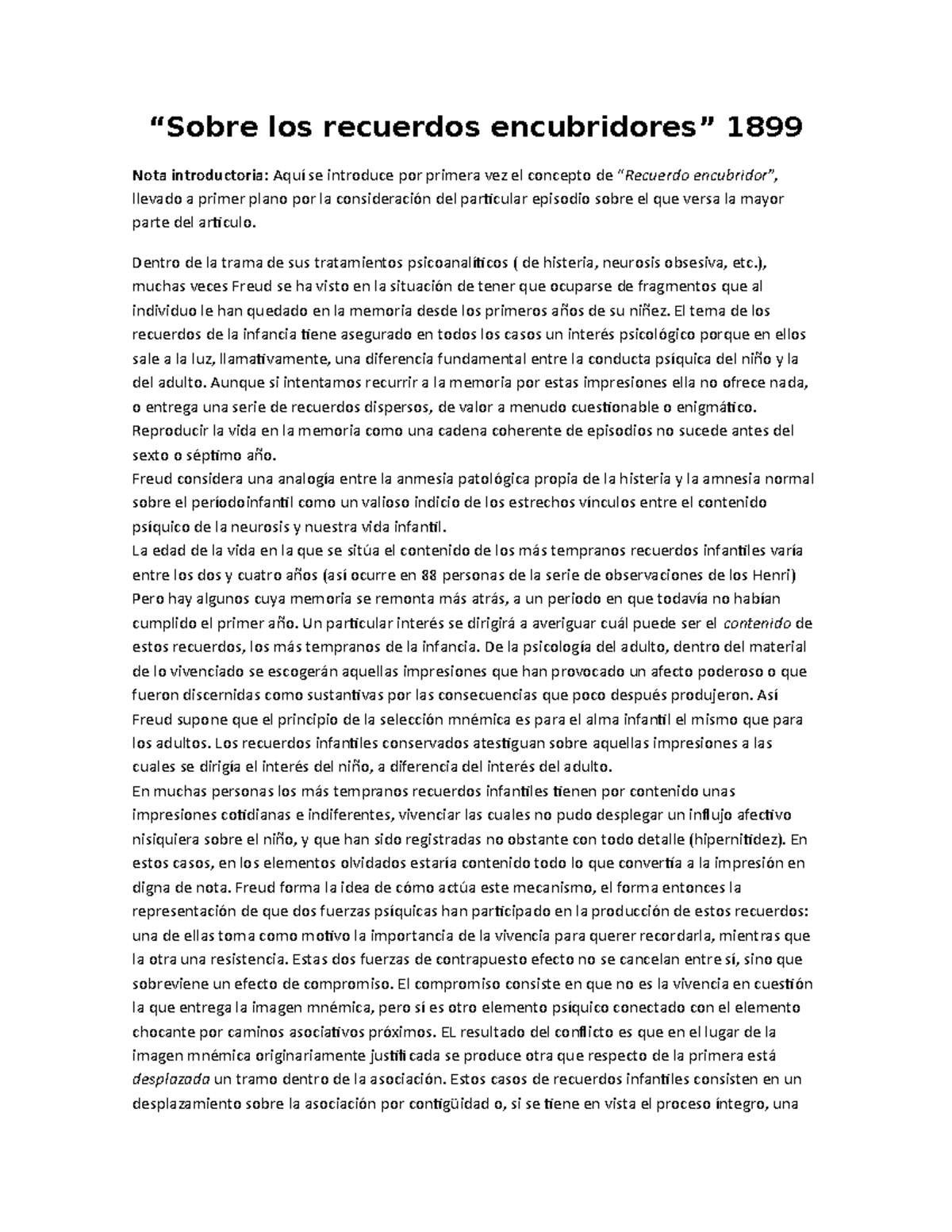 Sobre los Recuerdos encubridores 1899 Freud “Sobre los recuerdos