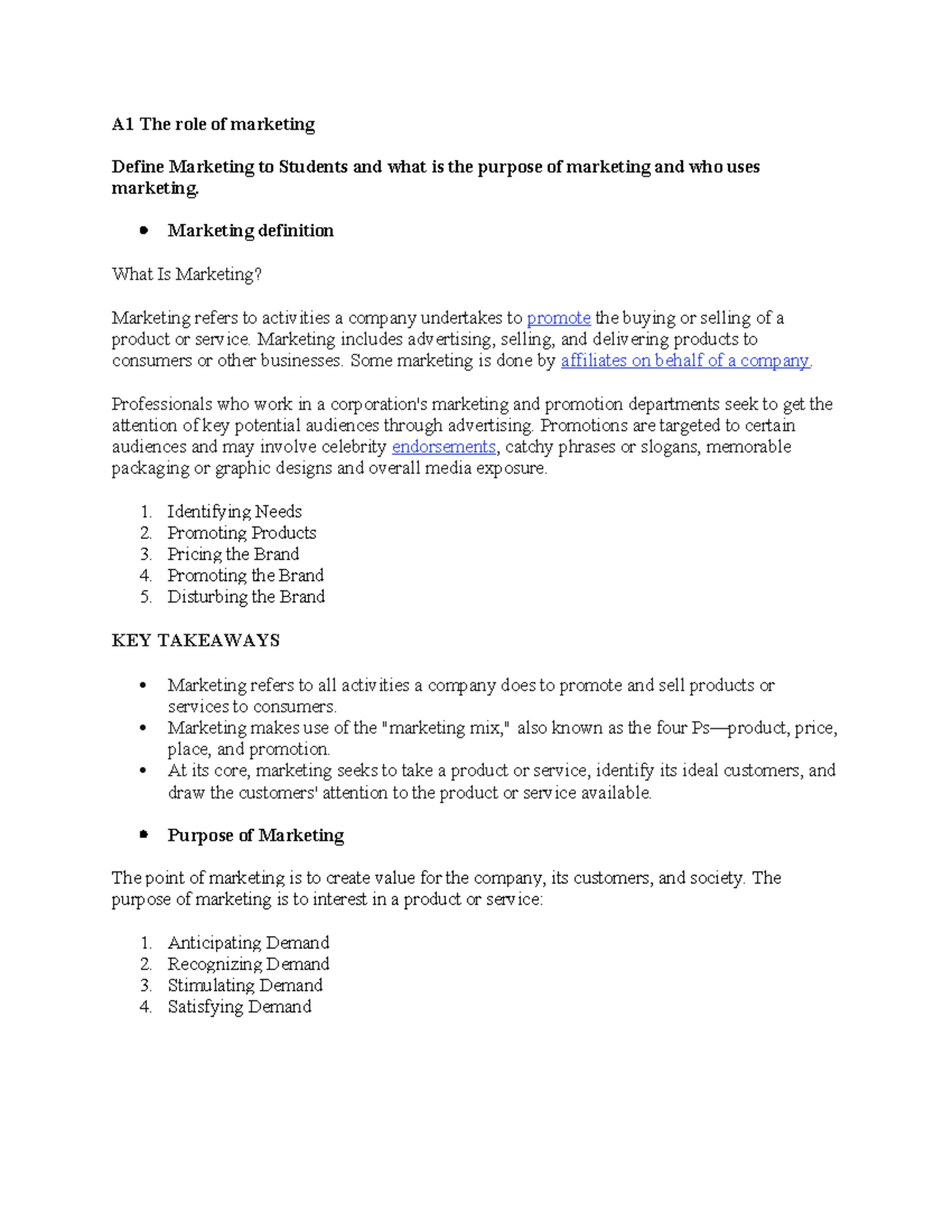 Marketing Campaign - A1 The role of marketing Define Marketing to ...