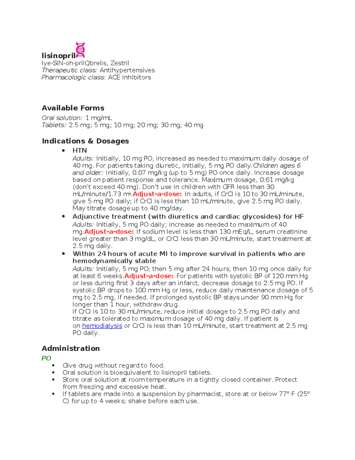 Lisinopril - Summary Professional Nursing Practice I - lisinopril lye ...