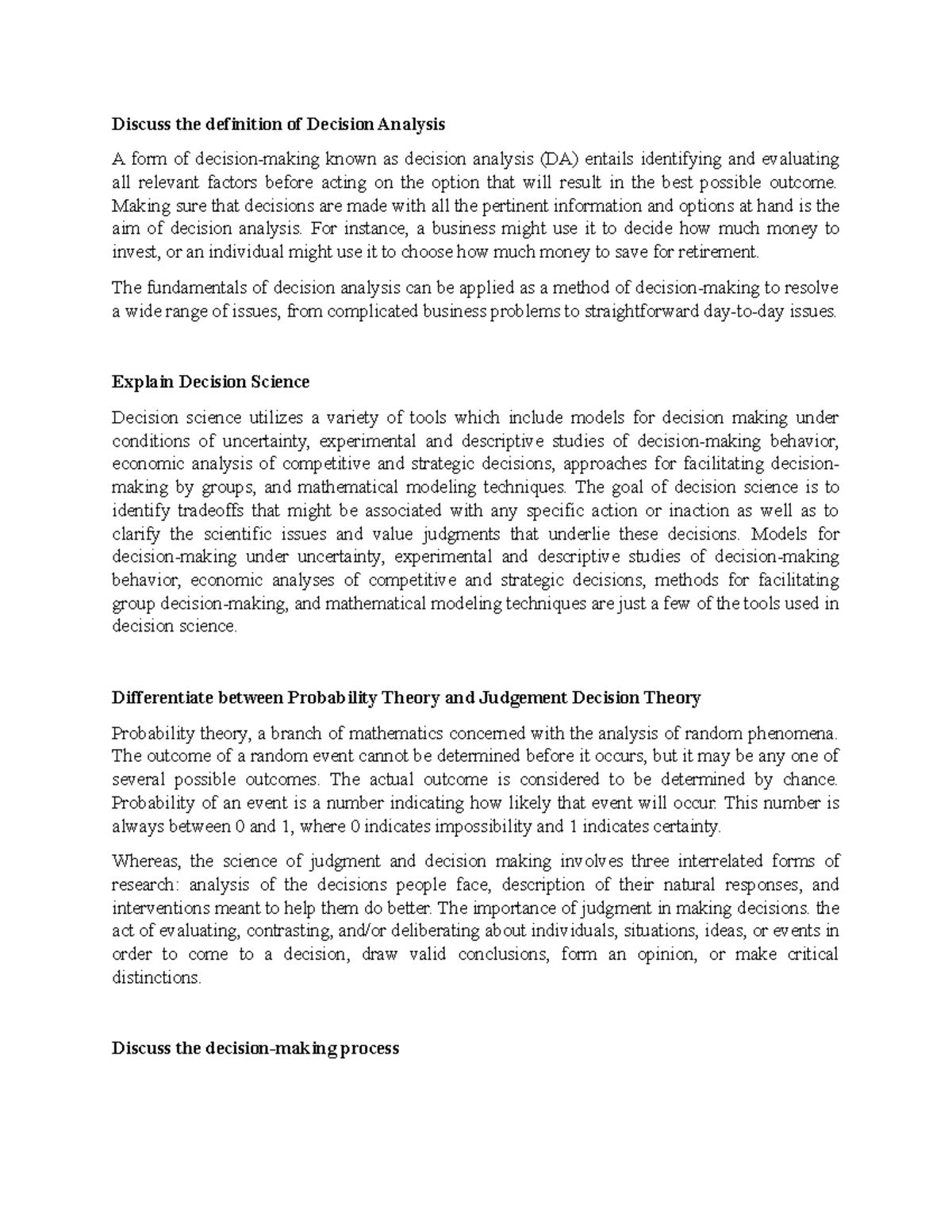 Discuss the definition of Decision Analysis Making sure that