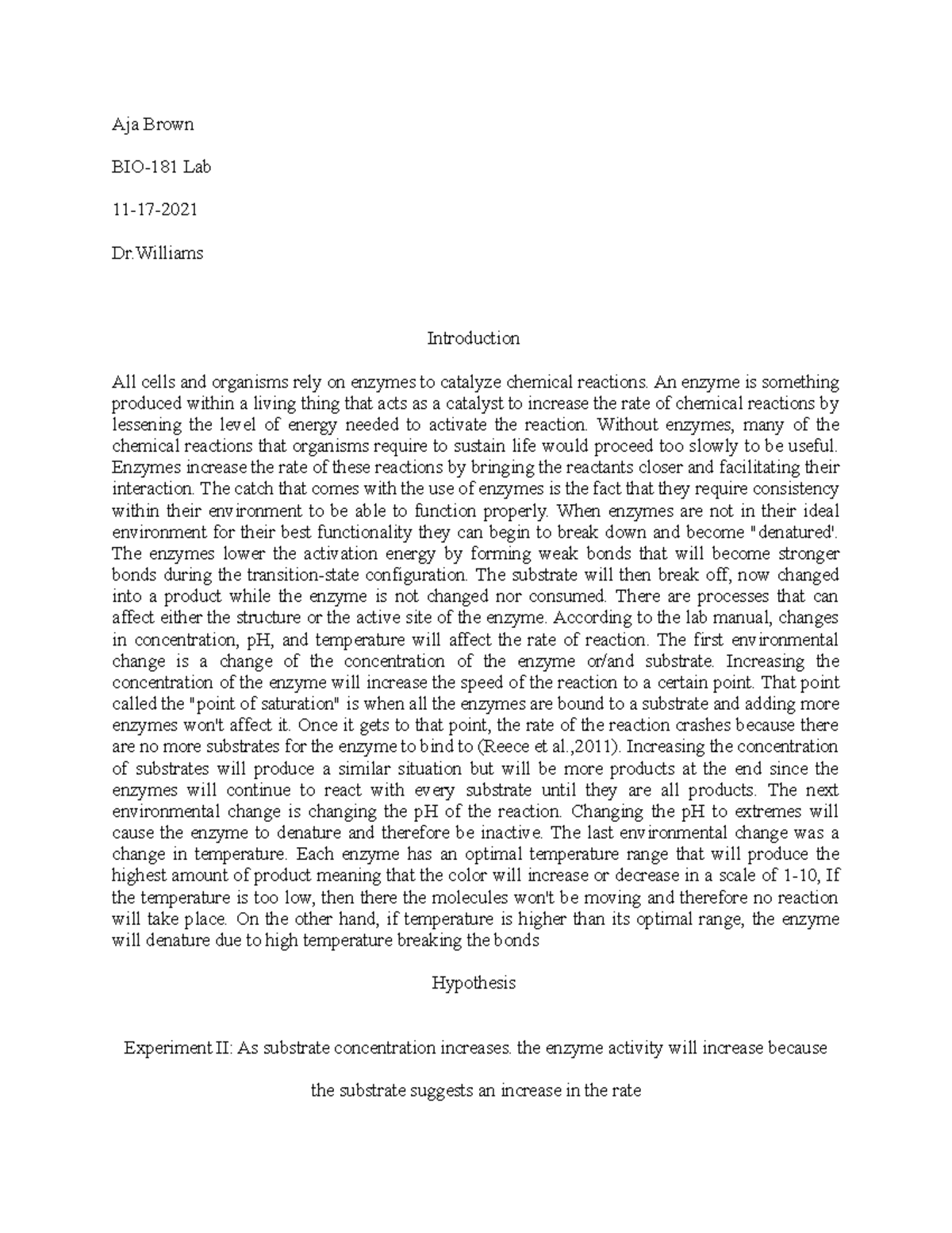 Enzyme lab report Bio 181 Aja Brown BIO181 Lab 1117 Dr