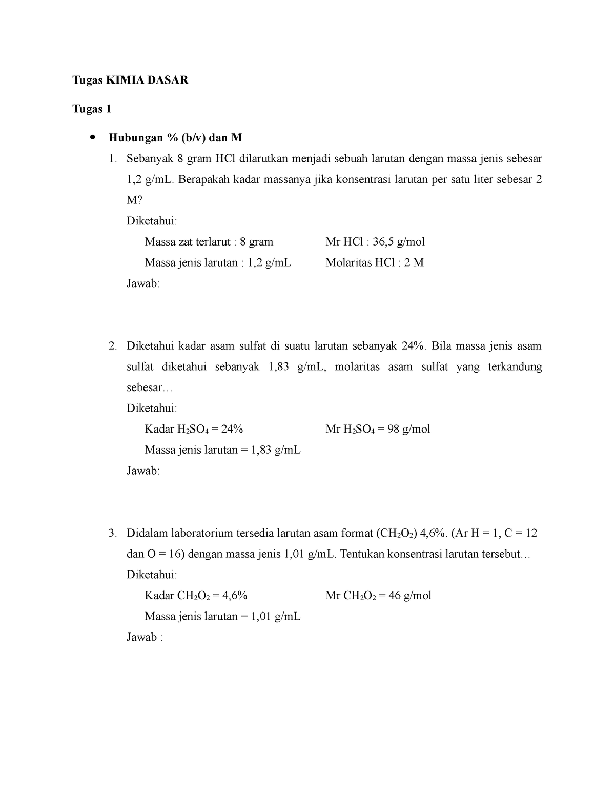 Contoh Soal Kimia Dasar - Tugas KIMIA DASAR Tugas 1 Hubungan % (b/v ...