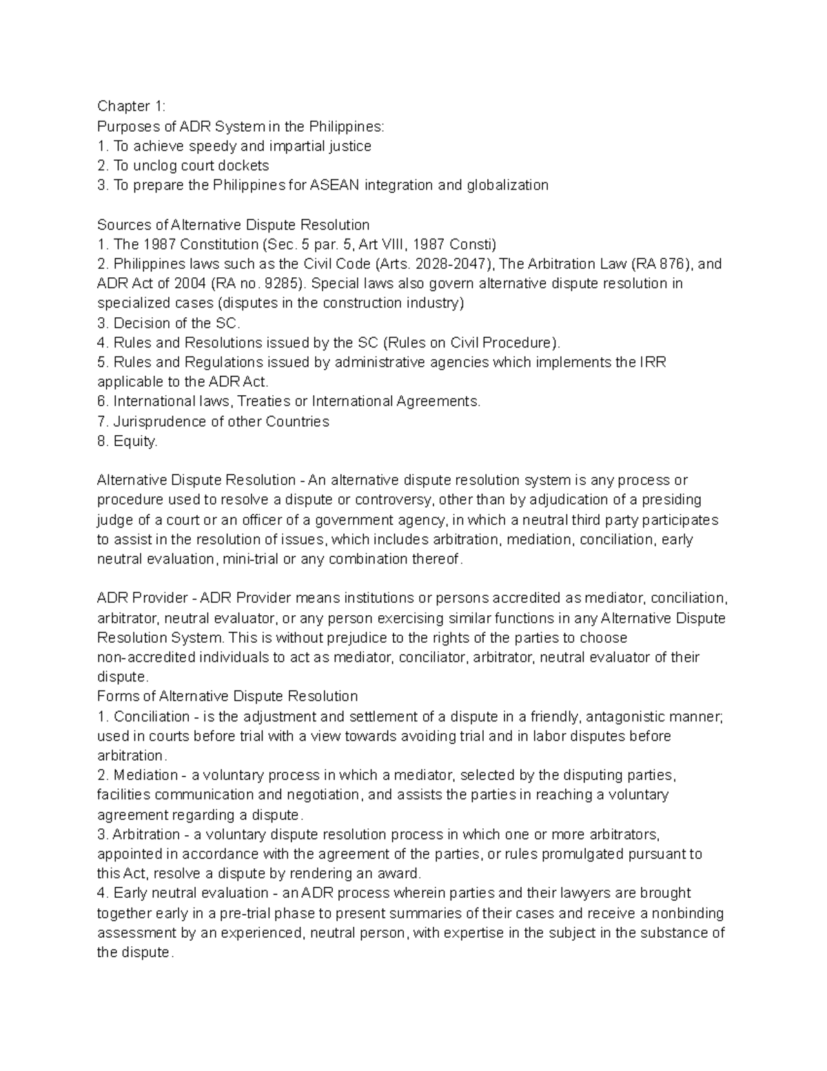 Adr-notes - Adr Notes Lecture - Chapter 1: Purposes Of Adr System In 