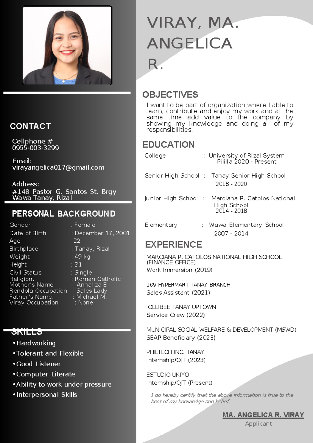 Resume-anj - for requirements\ - VIRAY, MA. ANGELICA R. CONTACT ...