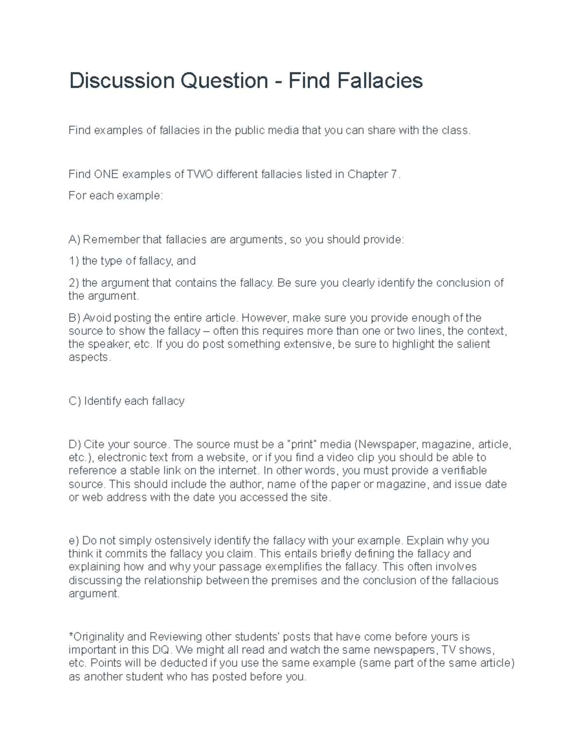 Philosophy 102-Discussion Question - Find Fallacies - Discussion ...