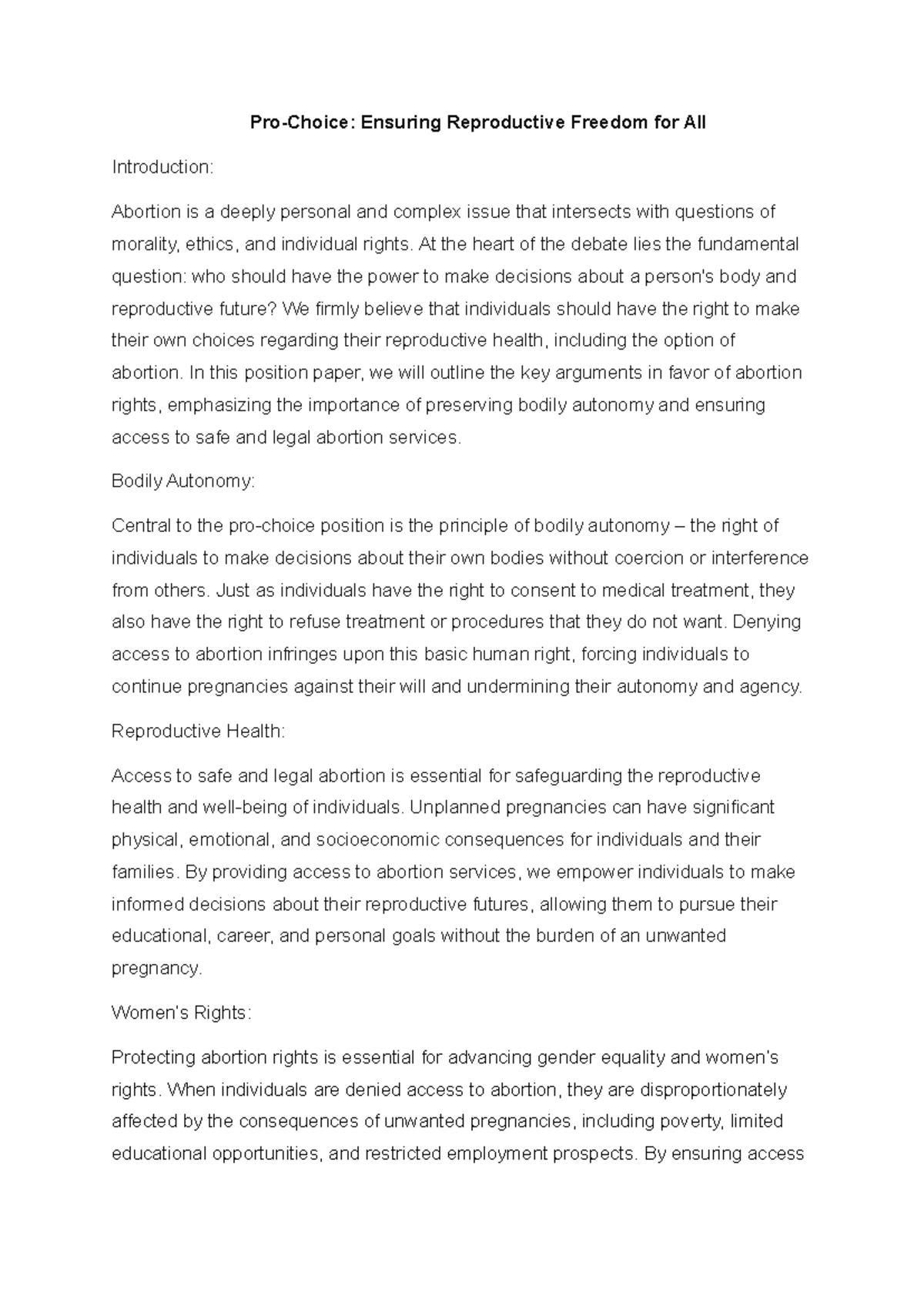 Position paper - Pro-Choice: Ensuring Reproductive Freedom for All ...