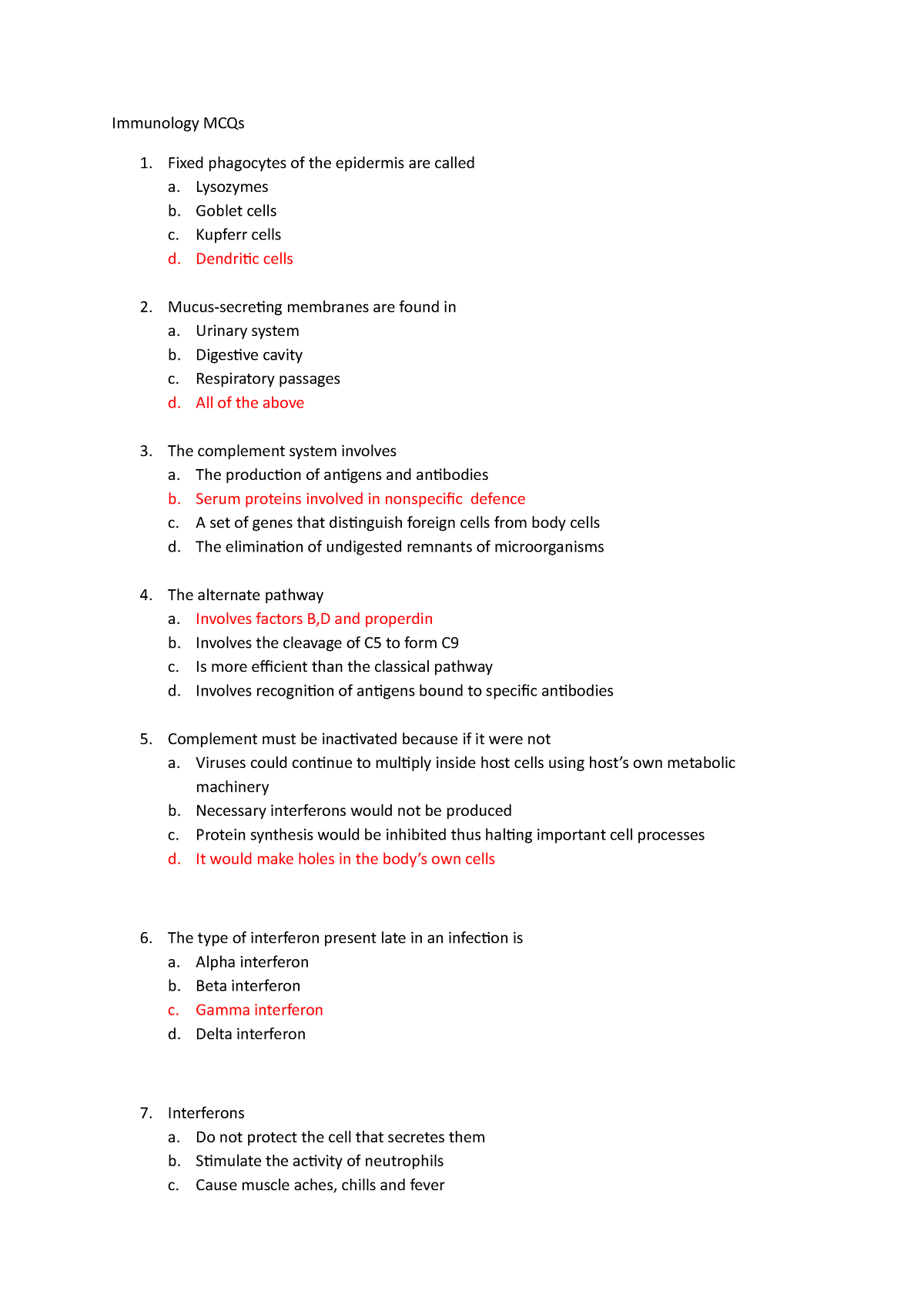 Answers To Immunology MCQs - Immunology MCQs 1. Fixed Phagocytes Of The ...