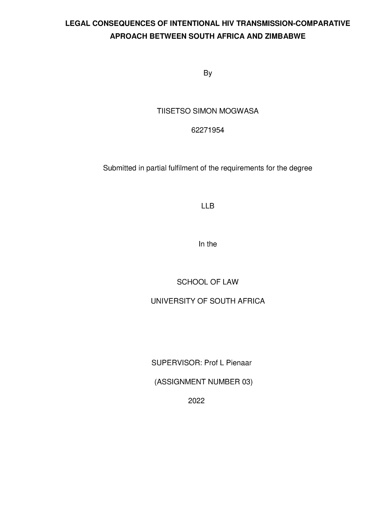 Lme exam porfolio - EXAM - SUPERVISOR: Prof L Pienaar (ASSIGNMENT ...