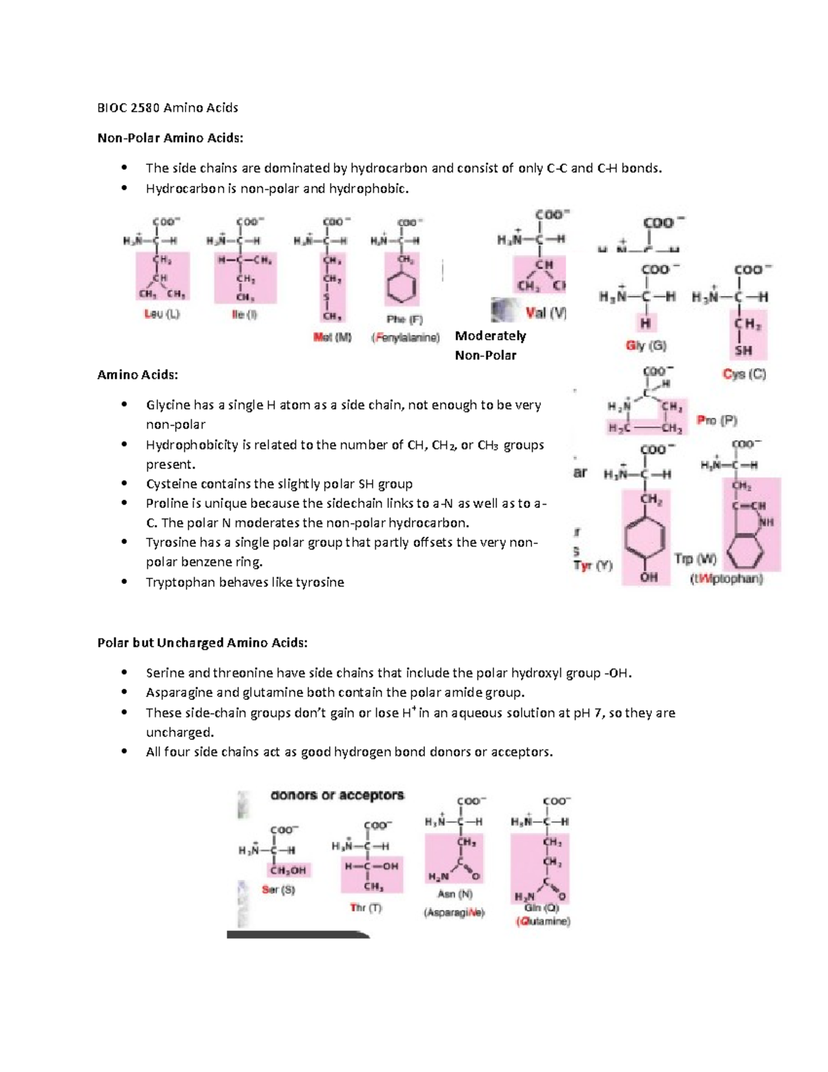 Amino Acids - Biochem Notes - BIOC 2580 Amino Acids Non-Polar Amino ...