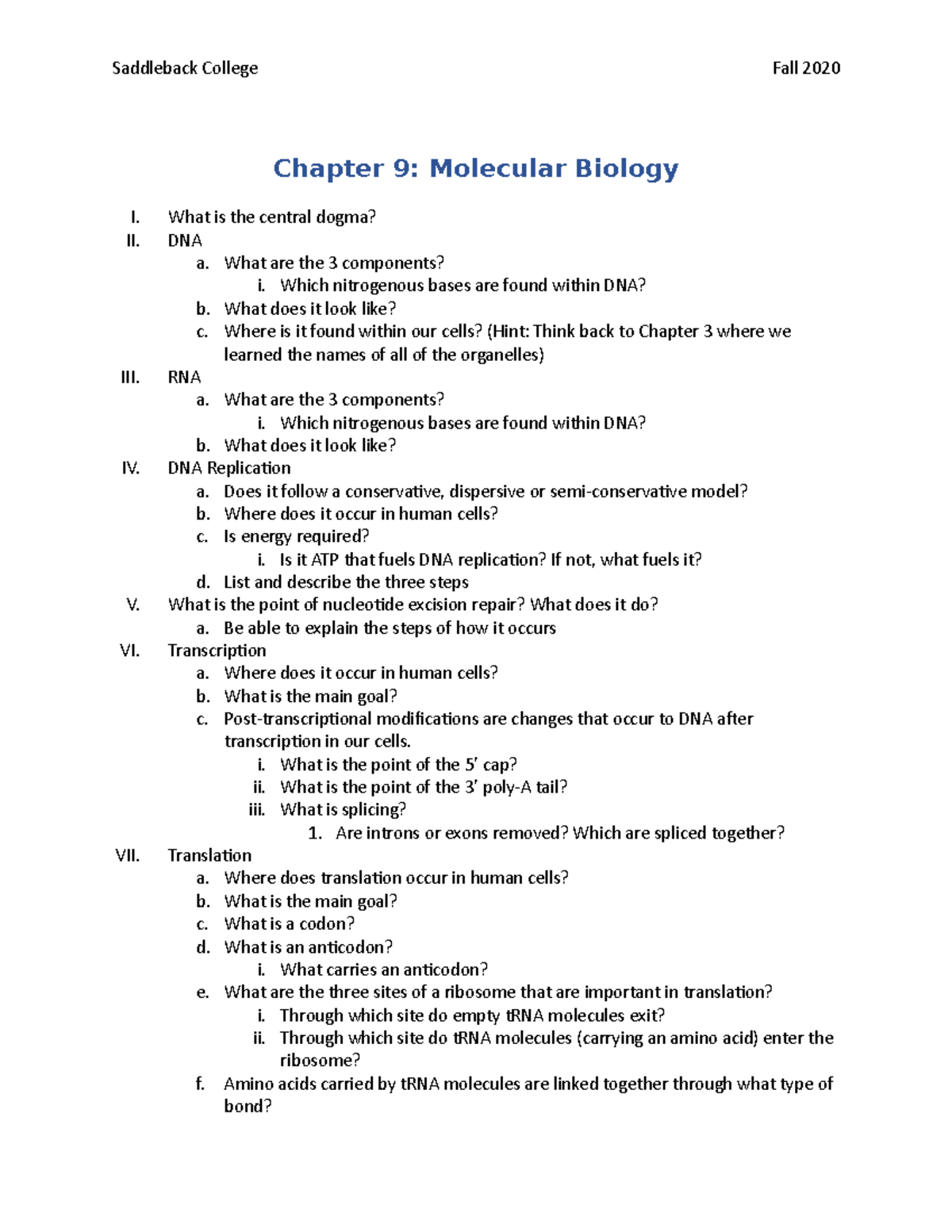 Chapter 9 Study Guide Bio 20 (Fall 2020) - Saddleback College Fall 2020 ...