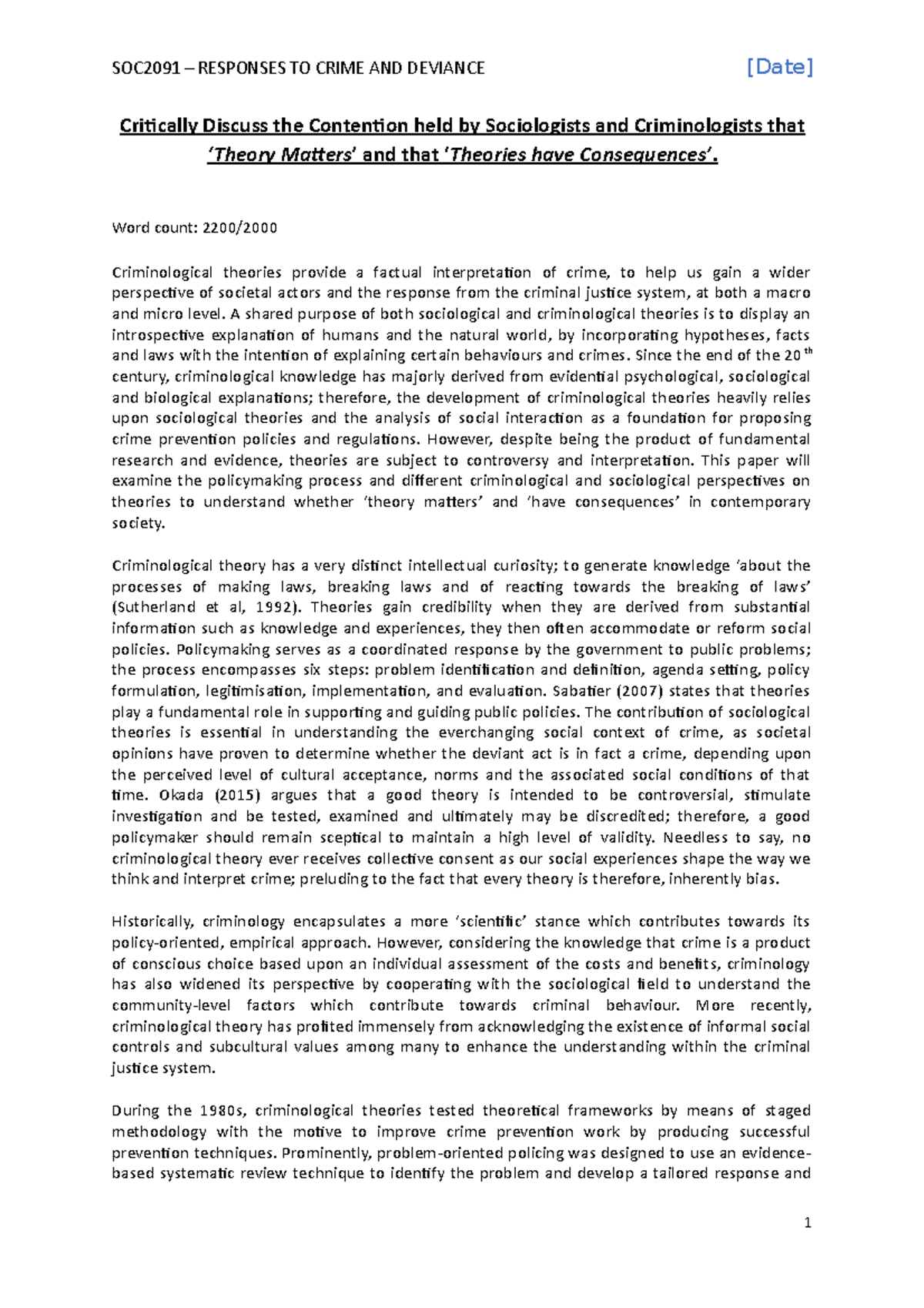 Soc&Crim - Responses to Crime & Deviance Essay 1 - Critically Discuss ...