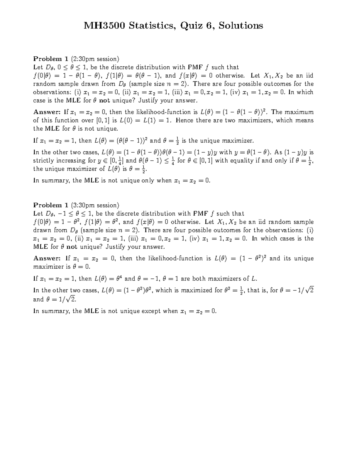 Quiz6 Solutions - statistic assignment - MH3500 Statistics, Quiz 6 ...